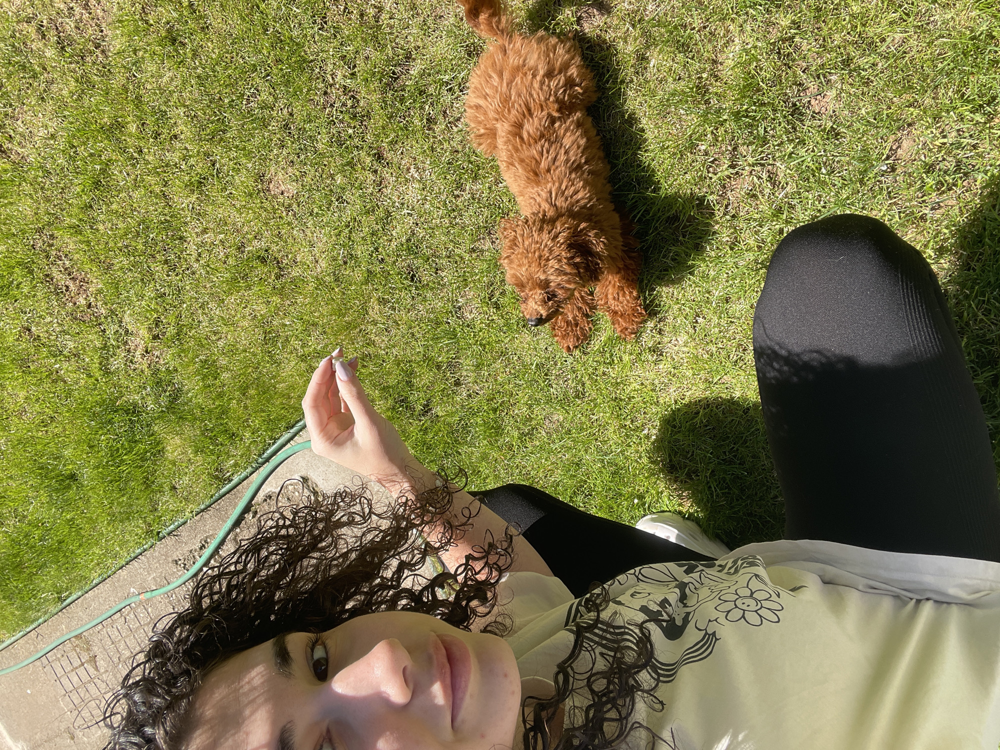 An overhead photograph captures a relaxed outdoor scene on a sunny day in Sofia, Bulgaria, featuring a person and a dog. In the foreground, a young woman is seen reclining, looking up towards the camera. She has dark, curly hair framing her face and is wearing a light-colored t-shirt adorned with a black graphic design that includes a smiling cartoon flower and other abstract shapes. Her hand, with light-colored nail polish, is visible near her head.
Beside her, to the right, a small, reddish-brown, curly-haired dog, resembling a poodle or doodle, lies stretched out on a vibrant green lawn, also appearing calm and at ease. The setting primarily consists of this bright green grass, bordered by a concrete strip along which a green garden hose is laid. The strong, direct sunlight indicates a clear, bright day, likely late morning or afternoon, casting distinct shadows from the subjects and surrounding elements. The image conveys a peaceful atmosphere, showing both the person and the dog enjoying the pleasant outdoor environment. No distinct text is visible, other than the graphical elements on the t-shirt.