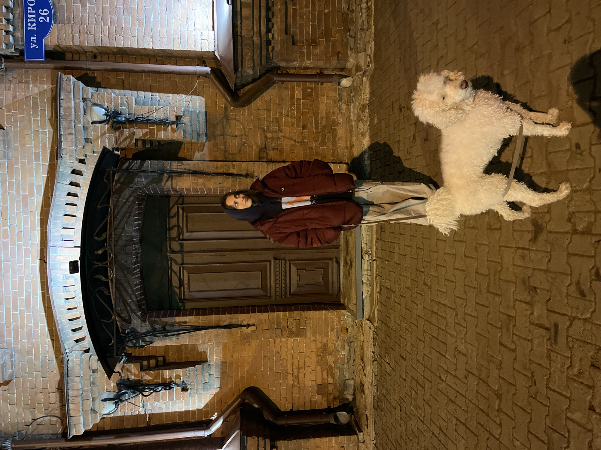 A nighttime shot shows a person standing on a brick paved street with a large white dog next to them. The person is wearing a dark red puffer jacket over a black shirt. Behind the person is an arched entranceway to a building with a dark wooden door. The building's exterior is made of brick. A blue sign on the upper left reads "ул. Кирова 26". The location is in the city of Unknown, Unknown.