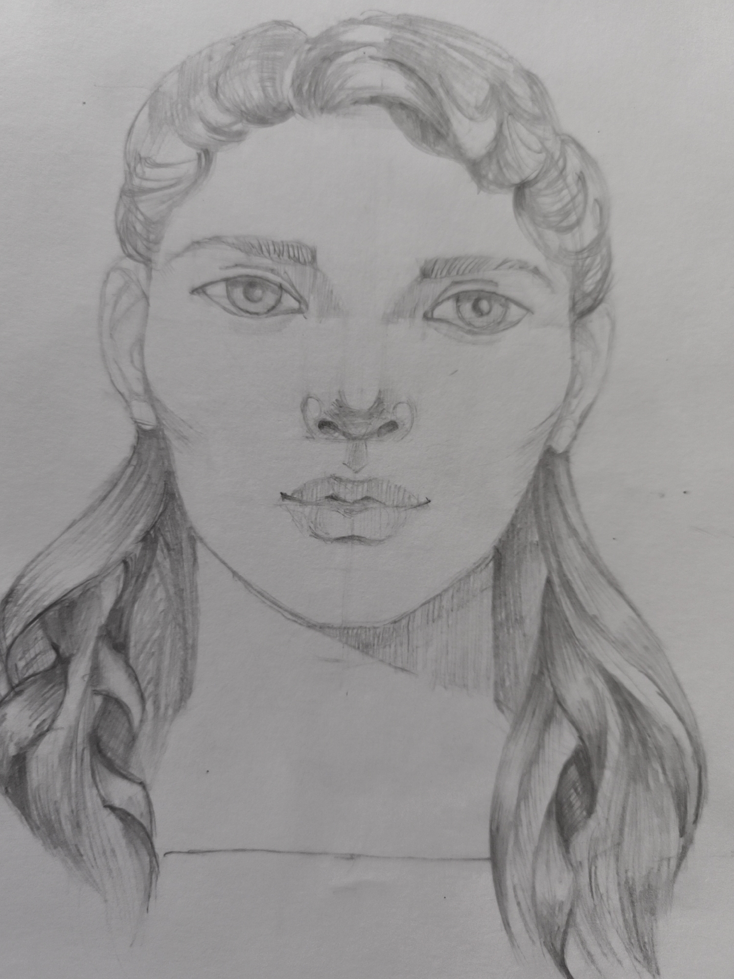This is a pencil sketch of a young woman's face. She has braided hair that frames her face and hangs down on either side. Her eyes are open and looking forward. Her nose is centrally located, and her lips are slightly parted. The sketch is done on a light-colored paper, and the shading suggests a light source from above. The background is plain and does not provide any environmental context. The sketch is not located in the city of Saint-Denis, France.