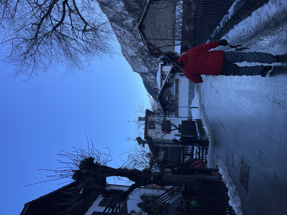 This image captures a bright, clear winter day in Courmayeur, Italy, depicting a snowy alpine village scene. The sky is a vibrant, cloudless blue.
The primary subject is a person, seen from behind, walking on a wet, paved road or path. They are wearing a bright red jacket, grey pants, and dark shoes, and are carrying a pair of skis and ski poles over their right shoulder. The road shows patches of snow and slush along its edges.
The setting features traditional chalet-style buildings with stone and wooden elements, some having balconies. These structures line both sides of the path. In the foreground, on the left, a large, gnarled tree with bare, dark branches dominates the lower left corner and extends into the sky. Other bare trees are scattered throughout the scene.
In the midground, a two-word wooden sign hangs from one of the buildings; the text appears to read "Snappy Ray". Beyond the buildings, majestic, snow-dusted mountains rise in the distance under the clear blue sky. The overall impression is of a crisp, sunny winter day, suggesting conditions favorable for skiing.