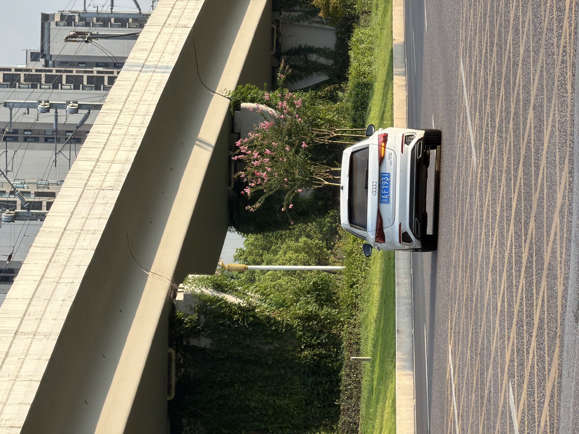 The image shows the rear of a white Audi A3 sedan driving on a road in Jiangjin, China. The car has a license plate reading "A FY931". The road is asphalt with yellow and white markings, and there is a textured yellow and gray pattern in the foreground. The car is traveling under an elevated concrete overpass, which is covered in ivy on its support columns. In the background, there are trees with pink flowers, more ivy-covered structures, and modern buildings with visible windows, as well as overhead power lines. The scene appears to be in an urban or suburban environment during daylight.