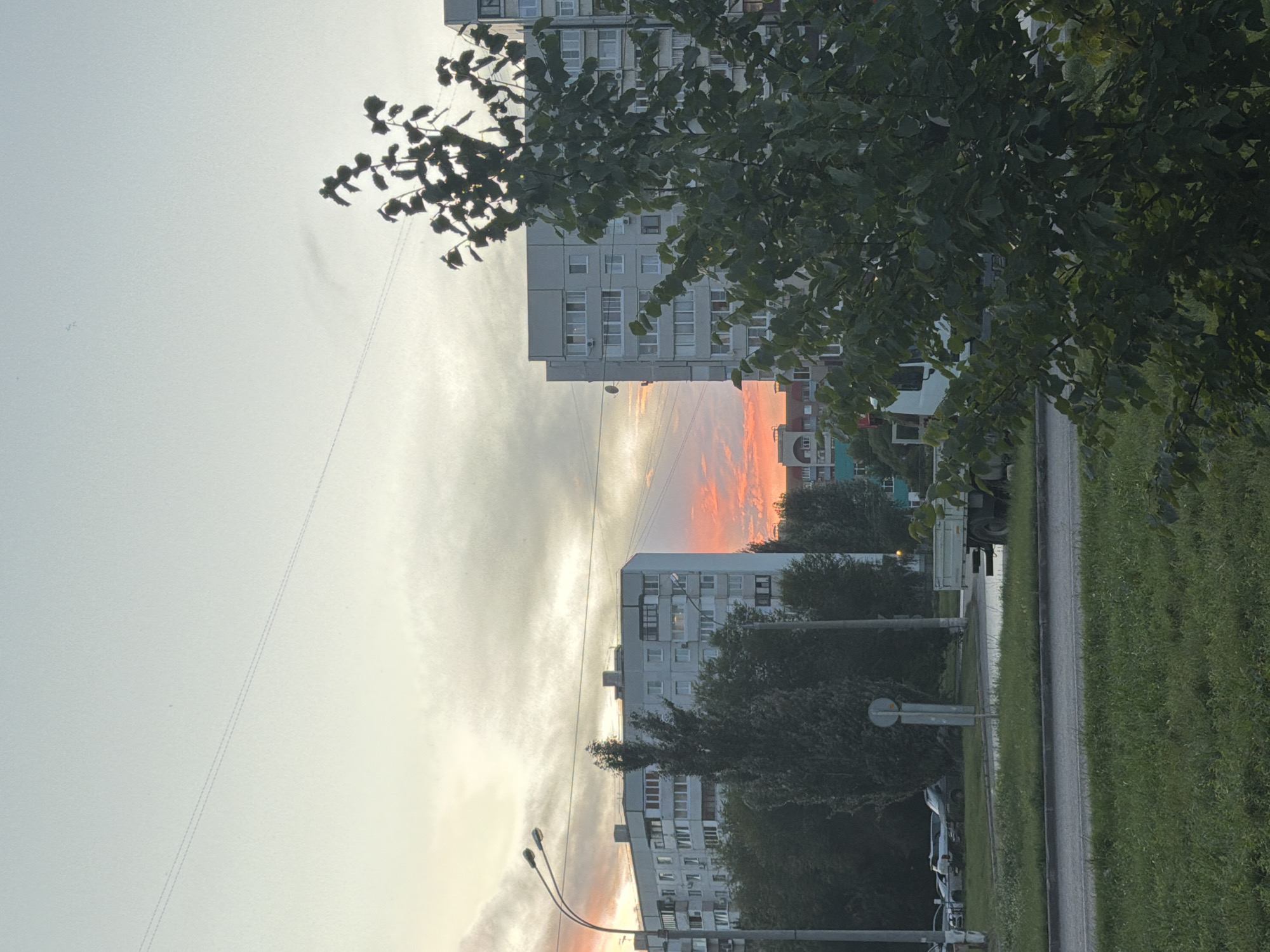 The image depicts an urban scene in Tolyatti, Russia, at dusk. The sky exhibits a gradient of colors, transitioning from a pale blue at the top to a vibrant pink and orange hue near the horizon, suggesting a sunset or sunrise. Two multi-story apartment buildings dominate the background, one on the left and another on the right, with a dense cluster of trees in between and in the foreground. The apartment buildings are light-colored, with numerous windows and balconies, typical of Soviet-era architecture. In front of the buildings, there is a road with a sidewalk and green grass areas. Several vehicles are visible on the side of the road, including what appears to be a light-colored truck with a flatbed. Streetlights are also present. The overall impression is of a residential area in the city during the twilight hours.