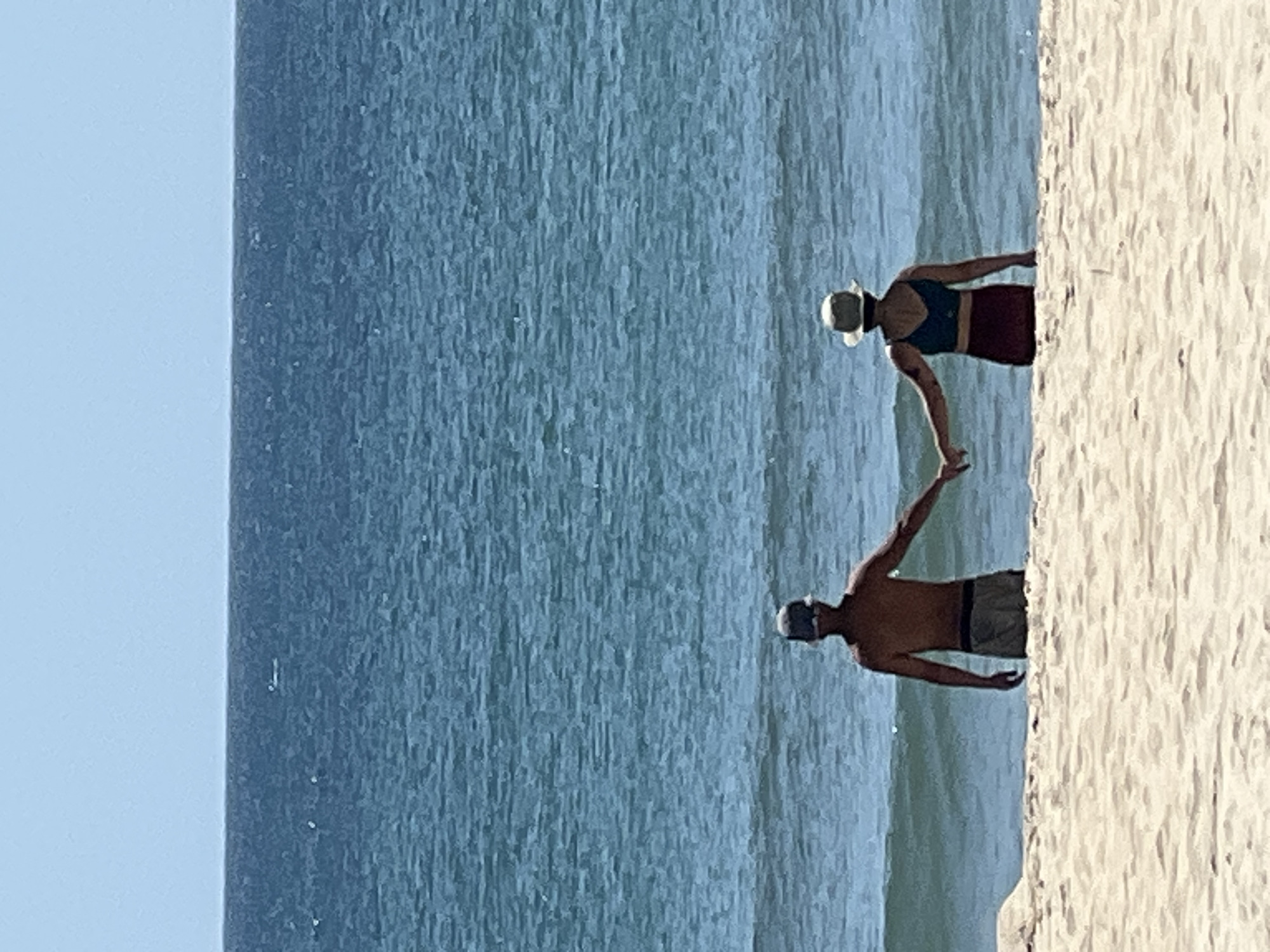 Two individuals, a male and a female, stand in the shallow ocean water at a beach, holding hands. They are viewed from the back, facing the sea. The male is wearing a baseball cap and swimming shorts. The female is wearing a hat and a bikini. The ocean is calm with gentle waves. The sky is clear and blue. The foreground consists of a sandy beach. The scene is likely a public beach, possibly located in Đà Nẵng, Vietnam, given the calm, turquoise waters and tropical appearance.