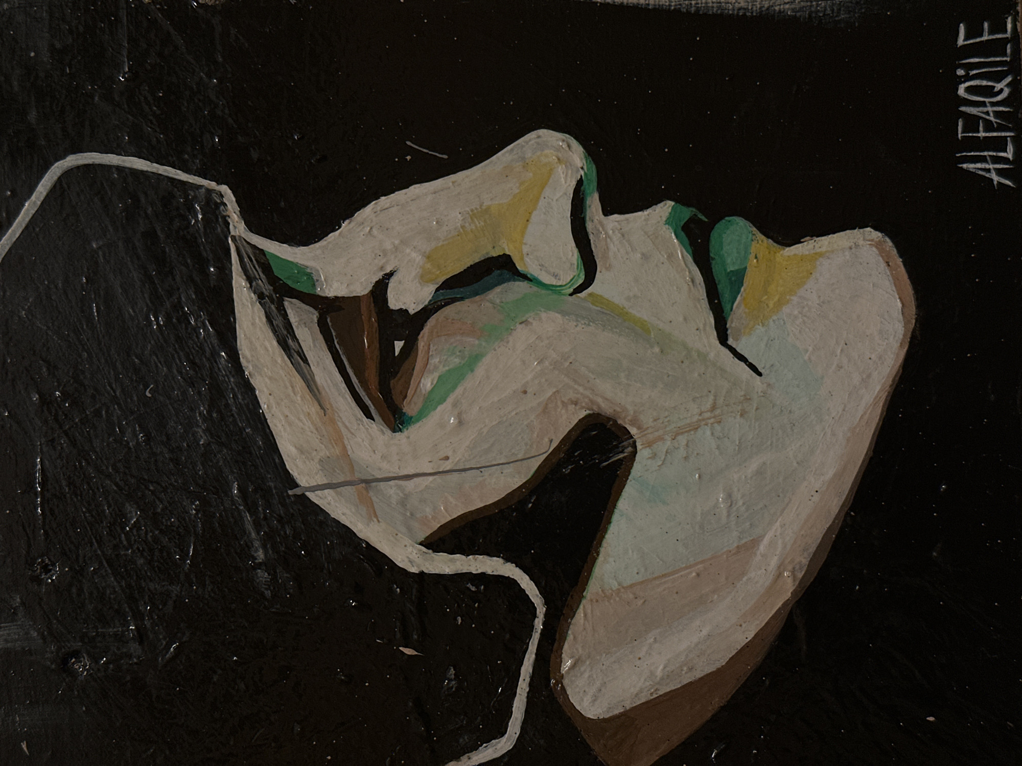 A low-angle close-up shot depicts an oil painting of a person's face in profile against a black background. The face is created with strokes of pale colors including white, gray, tan, green, and yellow. A white line traces the jawline and extends down to the neck. The signature "ALFAQILE" is visible in the upper-right corner. The painting features a slightly textured surface with small light reflections. The location is unknown.