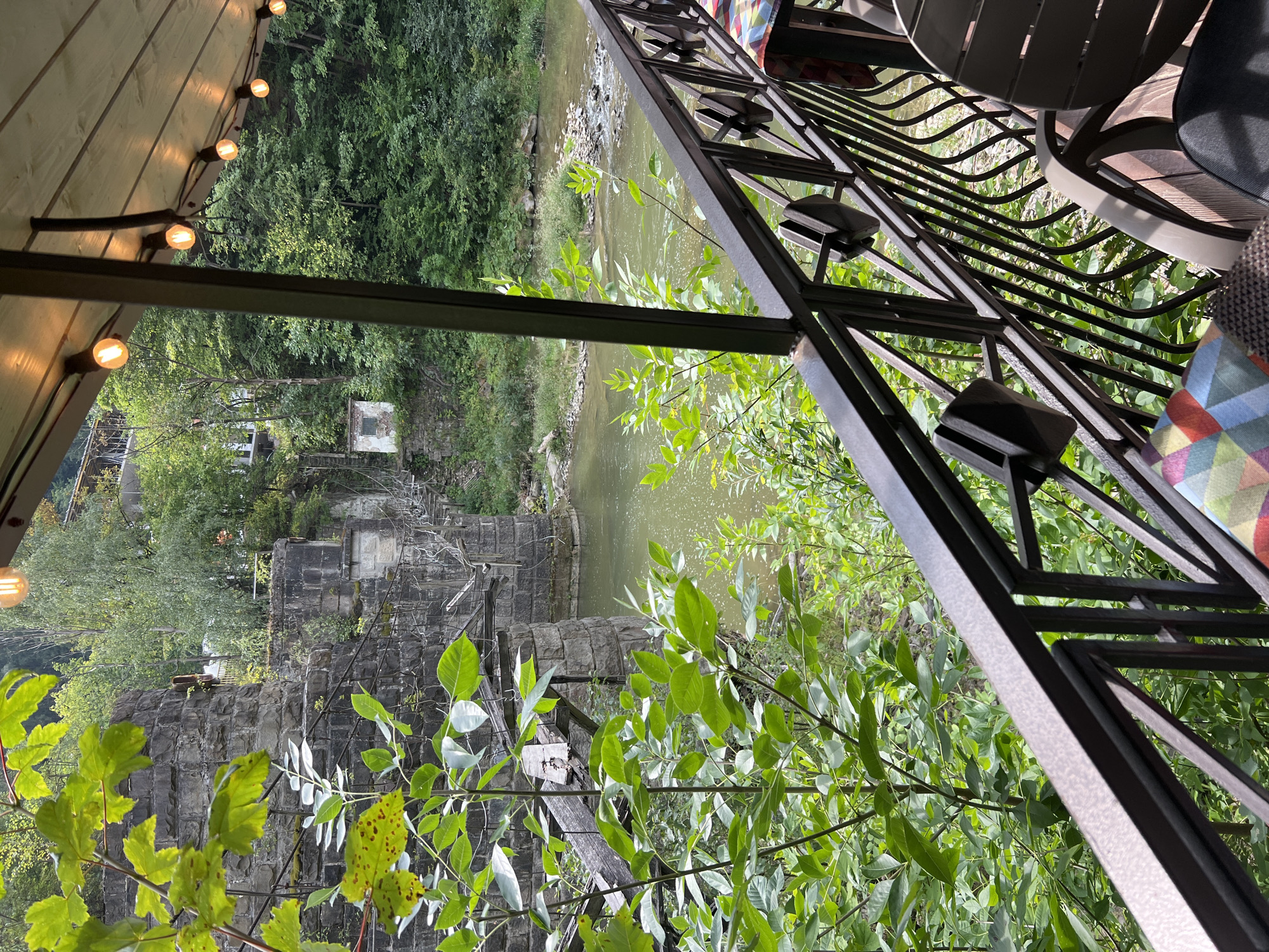 The image captures a serene view from a covered balcony or patio area overlooking a river in Yaremche, Ukraine. In the foreground, a dark metal railing with decorative diamond shapes borders the seating area. A few chairs and a table are partially visible, one with a colorful patterned cushion. String lights with exposed bulbs are suspended overhead, suggesting an evening or twilight setting.
Beyond the railing, lush green foliage dominates the scene, with large leaves of a deciduous tree in the left foreground partially obscuring the view. The river flows gently in the middle ground, its surface reflecting the sunlight. On the far bank, the remnants of an old stone bridge or structure stand stoically, integrated into the natural landscape. Dense green trees and vegetation cover the hillside behind the bridge. In the distance, a small, weathered building can be seen perched on the slope. The overall impression is one of natural beauty and historical remnants harmoniously coexisting.