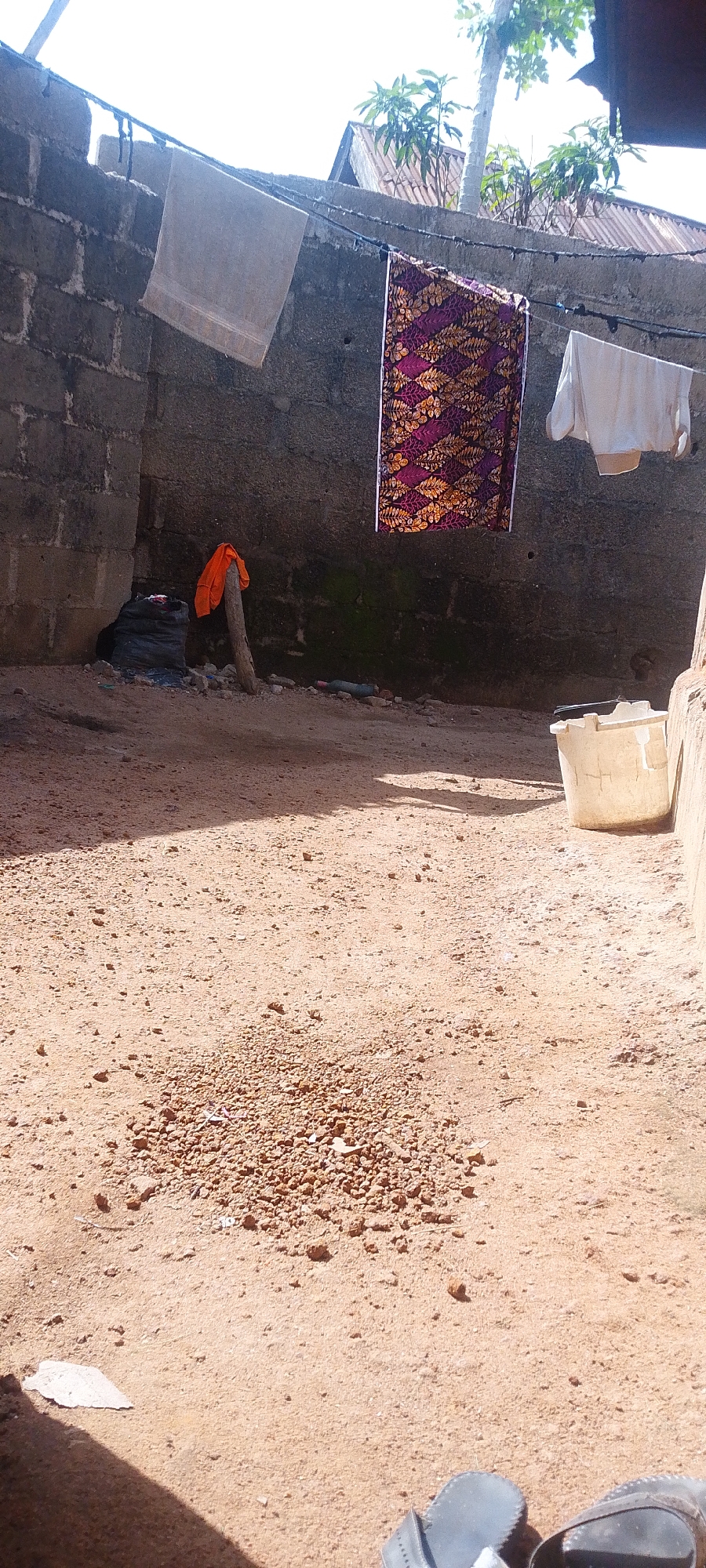 This image depicts an outdoor courtyard in Jalingo, Nigeria, bathed in bright sunlight, suggesting a daytime scene, likely late morning or early afternoon. The ground is covered in dry, reddish-brown soil and small stones, with patches of larger rocks. A rough, grey cinder block wall forms the backdrop.
Several items are displayed on a clothesline strung across the upper portion of the image. From left to right, there is a light-colored towel, a vibrantly patterned fabric in shades of purple, orange, and gold, and a white shirt. To the left of the clothesline, an orange garment is draped over a rough wooden post. Nearby, a black plastic bag, possibly filled with refuse, rests against the wall, surrounded by scattered debris.
In the middle ground, a white plastic bucket is positioned near the wall on the right side of the frame. The wall itself is textured and appears aged. Above the wall, glimpses of corrugated metal roofing and lush green foliage from trees are visible against a bright, possibly hazy, sky. The overall impression is one of a humble, sun-drenched outdoor space, likely a residential courtyard, where laundry is being air-dried. The scene appears mundane and everyday, with no people visible. The sunlight creates strong shadows across the ground, indicating a clear day.