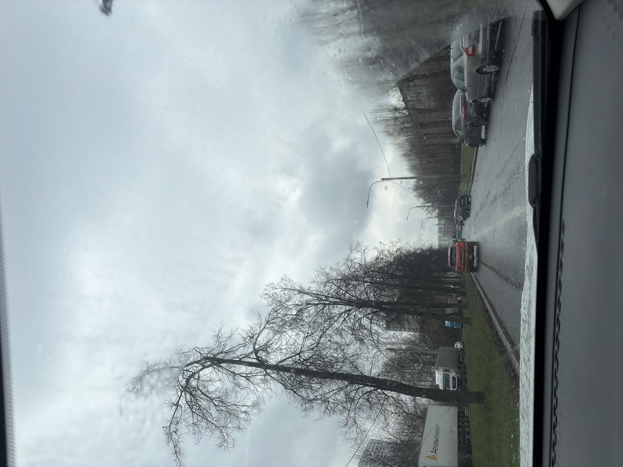 The image depicts a rainy urban street scene, seemingly viewed from inside a vehicle. The location is likely Saint Petersburg, Russia, given the Cyrillic lettering visible on a white truck, the architecture, and the style of vehicles. The road is wet, with a line of cars parked on the right. Further ahead, there's ongoing traffic, with several vehicles visible. Bare trees line the street, characteristic of a cold season or late fall. The sky is overcast with a gray, heavy cloud cover. The overall atmosphere is gloomy and wet.