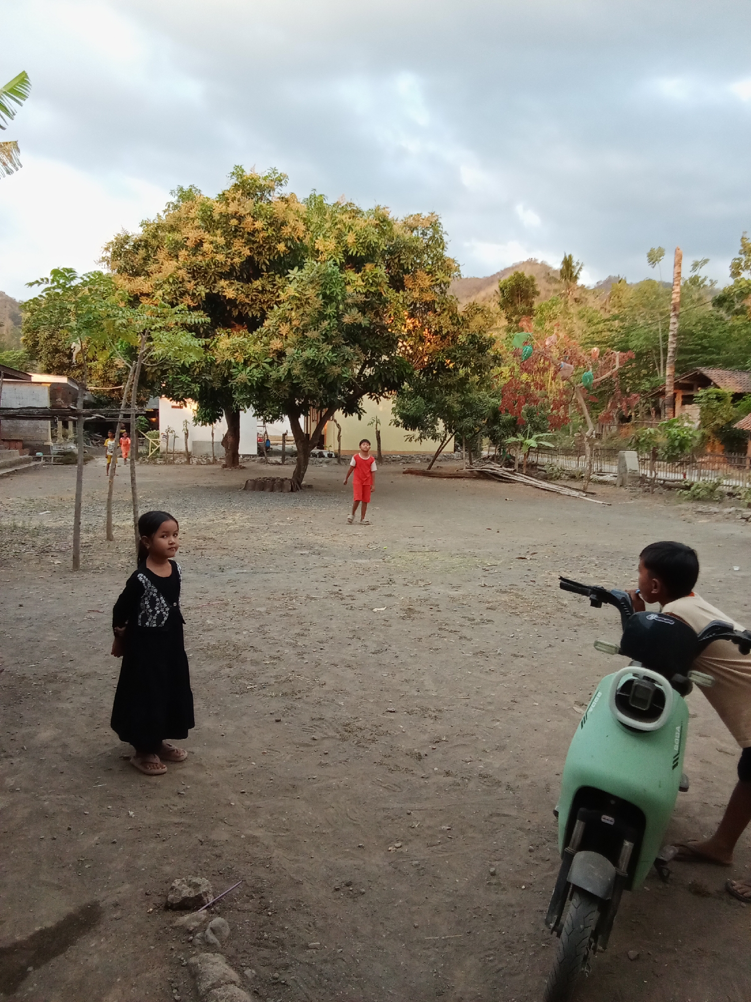 The image depicts a rural scene in the city of Selowogo, Indonesia, under a cloudy sky. In the foreground, a young girl in a black dress stands facing left. To her right, a young boy leans over a light green electric scooter, appearing to point something away from the camera. In the middle ground, two other children are visible: one wearing a red shirt and shorts stands in the center, while another child in red shorts stands further in the background. A large tree with a full canopy of green and yellow leaves dominates the left side of the midground, casting shadows on the dusty ground. Several simple buildings and structures are visible behind the trees and in the background, suggesting a residential area. The environment is characterized by dirt ground, sparse vegetation, and a sense of open space.