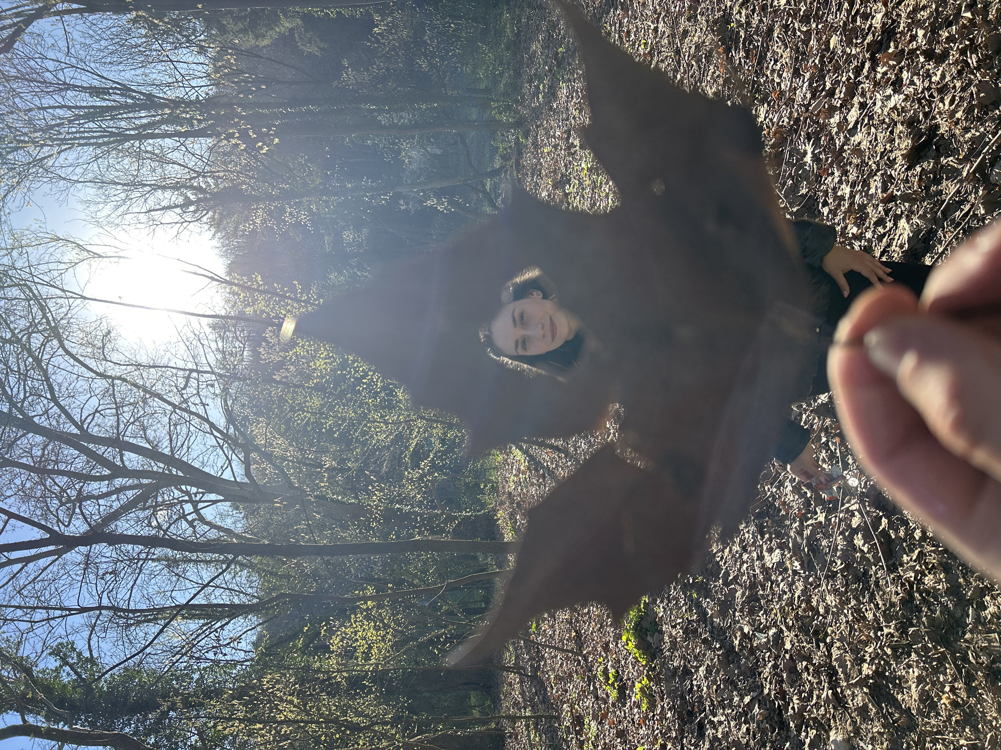 The image appears to be taken outdoors in a wooded area, likely a park or forest on a sunny day. Sunlight filters through the trees, creating bright and dark patches. The foreground is dominated by a large brown leaf held up close to the camera. A person's face is visible through a hole in the leaf, smiling slightly. The person's hand is visible in the lower right corner of the frame. The ground is covered with fallen leaves. The location is unspecified, but the prompt suggests it is in the city of Pleven, Bulgaria.