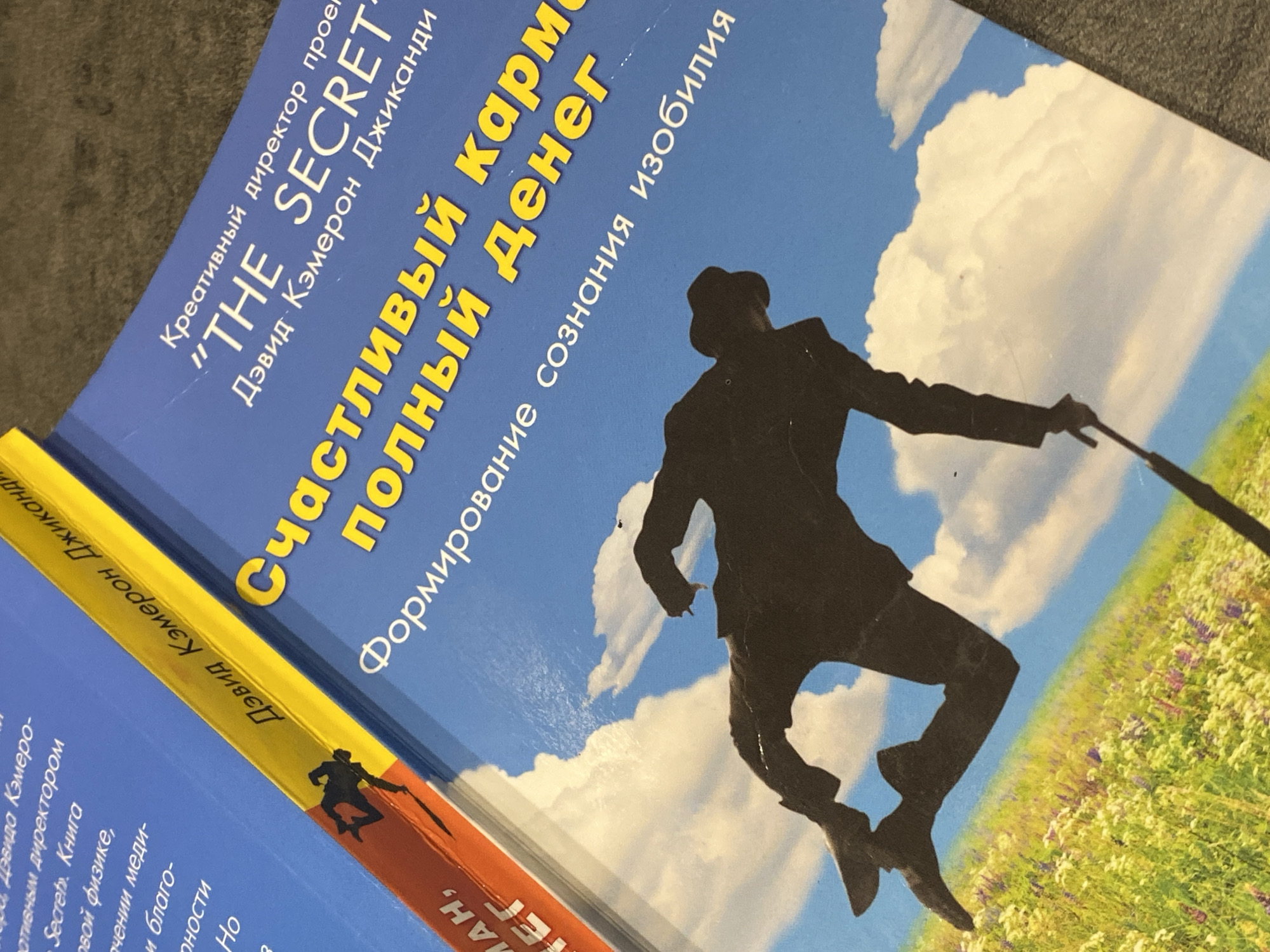 The image shows two book covers. The top book cover is blue with a silhouette of a man walking with a cane against a background of blue sky, white clouds, and a field of flowers. The title is written in Russian: "Счастливый кармы полный денег" which translates to "Happy karma full of money". Underneath it says, "Формирование сознания изобилия", which translates to "Formation of abundance consciousness". Above the title, it reads "Креативный директор прое", which translates to "Creative Director of the project", and then, "THE SECRET", followed by "Дэвид Кэмерон Джиканди", which is David Cameron Gicandi. The second book cover is blue, red and yellow. It contains text, also in Russian. The image does not appear to be in Sochi, Russia.