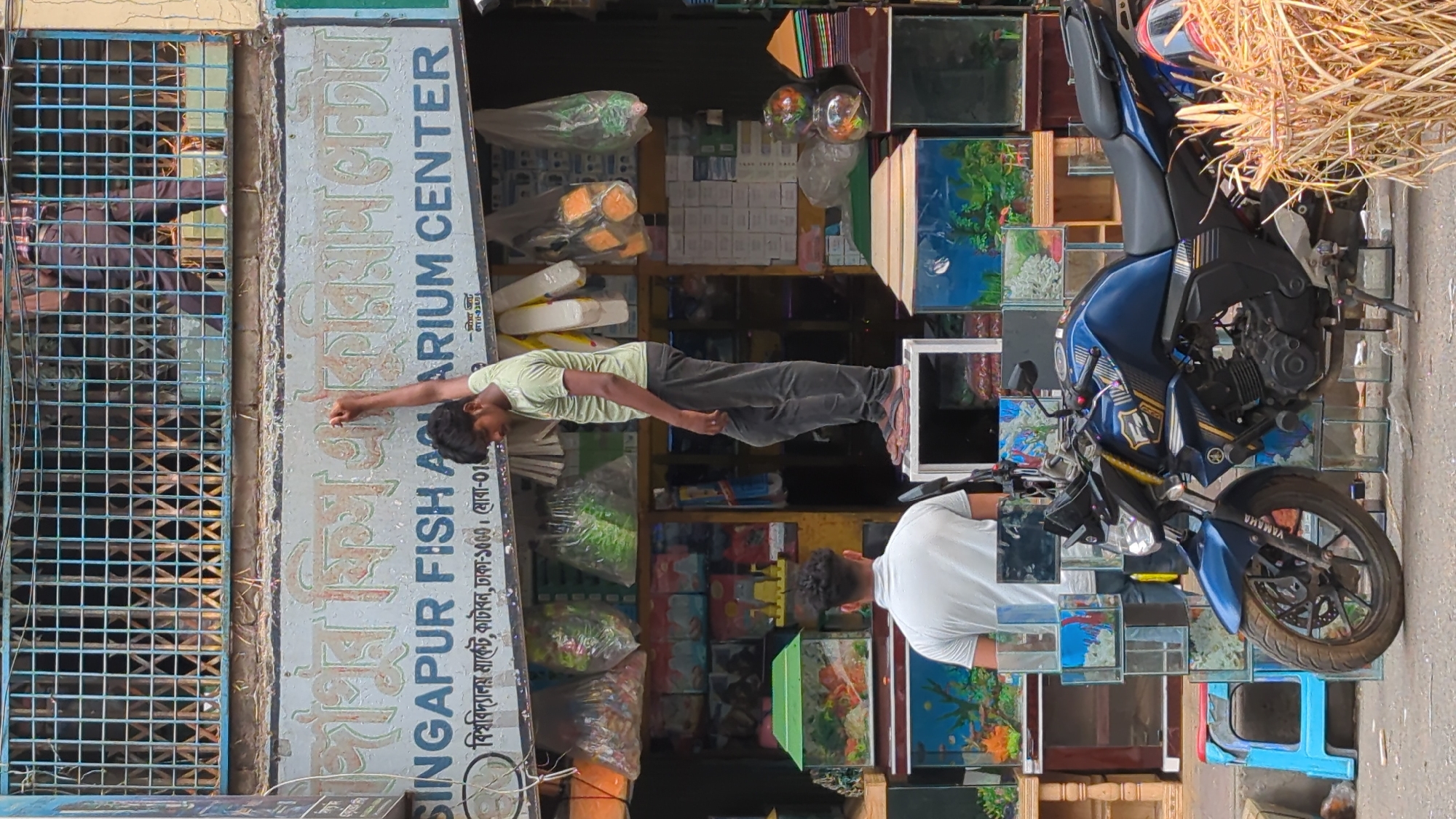 The image shows the front of the "Singapur Fish Aquarium Center" in Dhaka, Bangladesh. A man in a light green shirt and dark pants is standing in front of the shop, pointing at the sign. Another man wearing a white shirt is looking towards the shop. A blue Yamaha motorcycle is parked near the shop. Various aquarium tanks and supplies are visible inside the shop. The shopfront has a metal grill on one side. The sign is written in both English and Bengali, indicating the name and location of the business: "বিশ্ববিদ্যালয় মার্কেট, কাটাবন, ঢাকা-১০০০।"