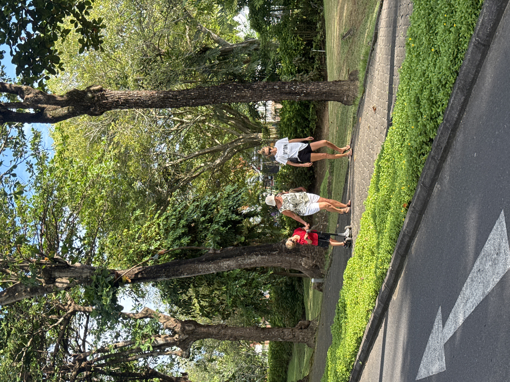 The image depicts a sunny outdoor scene in Kuta Selatan, Indonesia. Three people are walking on a brick-paved path alongside a road. The first person is wearing a white t-shirt and black shorts. The second person is wearing a white-patterned shirt and white shorts. The third person, behind the first two, is wearing a red shirt and black shorts. A green hedge separates the walkway from the asphalt road. The road features a large white arrow pointing in the direction opposite to the direction that the three people are walking in. Lush green trees line the path and provide shade. The environment suggests a park or recreational area.