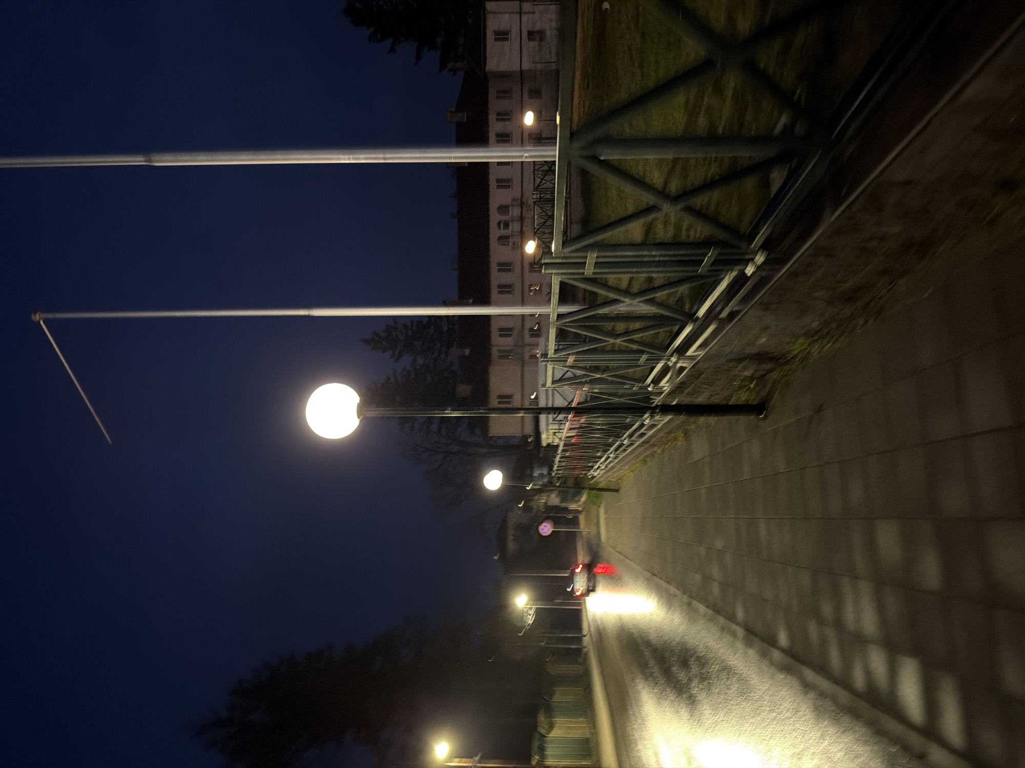 The image depicts an outdoor scene in Panagyurishte, Bulgaria, at night. A street is illuminated by multiple lampposts with spherical lights. The perspective is angled upwards and slightly to the right. A metal railing with a geometric design runs along the upper right side of the frame, with a building visible behind it. In the distance, a vehicle with illuminated headlights and taillights is driving down the street. The sky is a deep blue, contrasting with the bright streetlights and vehicle lights. A long metal rod or pipe extends across the upper left portion of the frame. The ground appears to be a paved walkway or street surface.