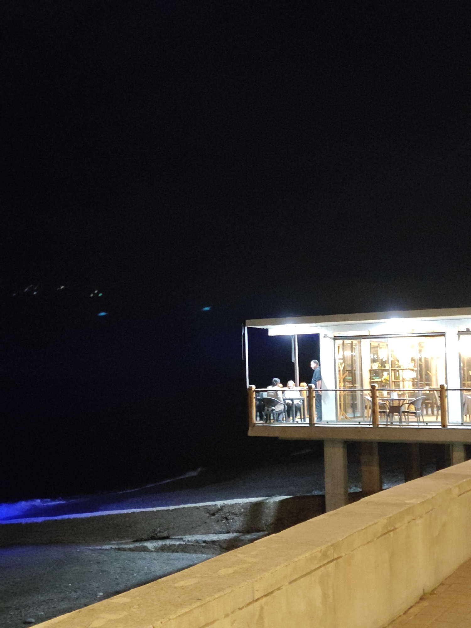 At night, a waterfront scene unfolds, featuring a lighted restaurant built on a raised platform. Three patrons sit at an outdoor table on the restaurant's balcony, attended by a standing waiter. Inside, tables and chairs are visible through large, open glass doors. The waterfront is rocky, illuminated by blue light reflecting from the water. To the right, a low wall runs along the edge of the embankment. In the distance, across the water, indistinct points of light suggest distant buildings or other structures. The location is Unknown, Unknown.