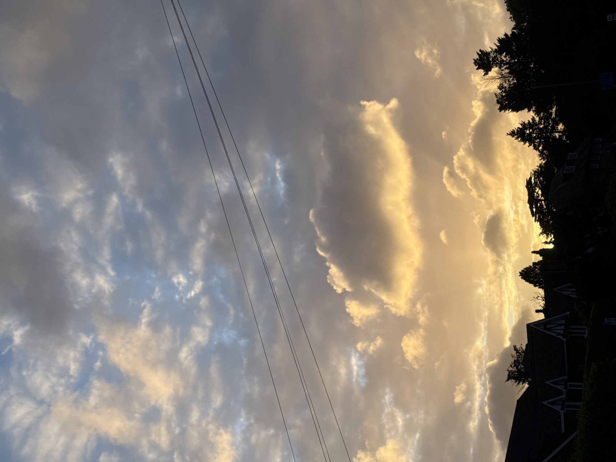 The image captures a sky filled with clouds, partially illuminated by a golden light, likely from the setting sun. On the left side of the image, the clouds are darker, with hints of blue sky peeking through. Four electrical wires are visible, running diagonally from the top left to the bottom center of the frame. On the right side, the silhouette of trees and rooftops of buildings can be seen against the bright, golden sky. The image appears to be taken at ground level, looking upwards. There is no information to suggest this is in the city of London, United Kingdom.
