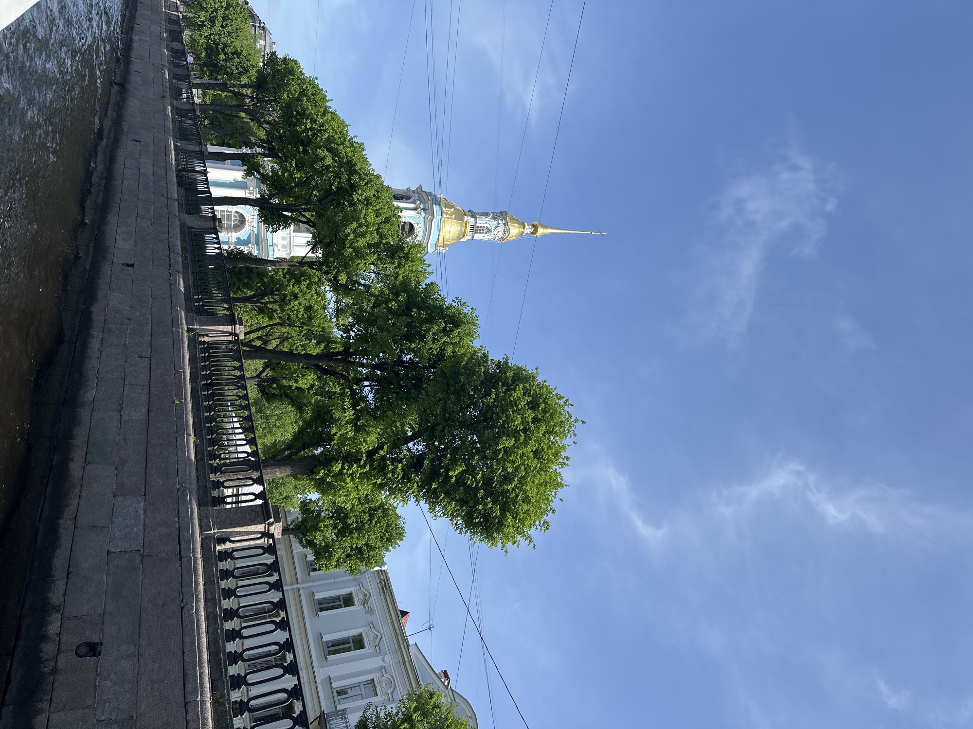 The image depicts a scene in Saint Petersburg, Russia, showcasing the Nikolsky Naval Cathedral rising above tree lines along a canal. The cathedral's golden spire is prominent against the blue sky, interwoven with power lines. Adjacent to the canal is a stone embankment with an ornate black metal fence. A building with a light-colored facade is visible in the foreground.