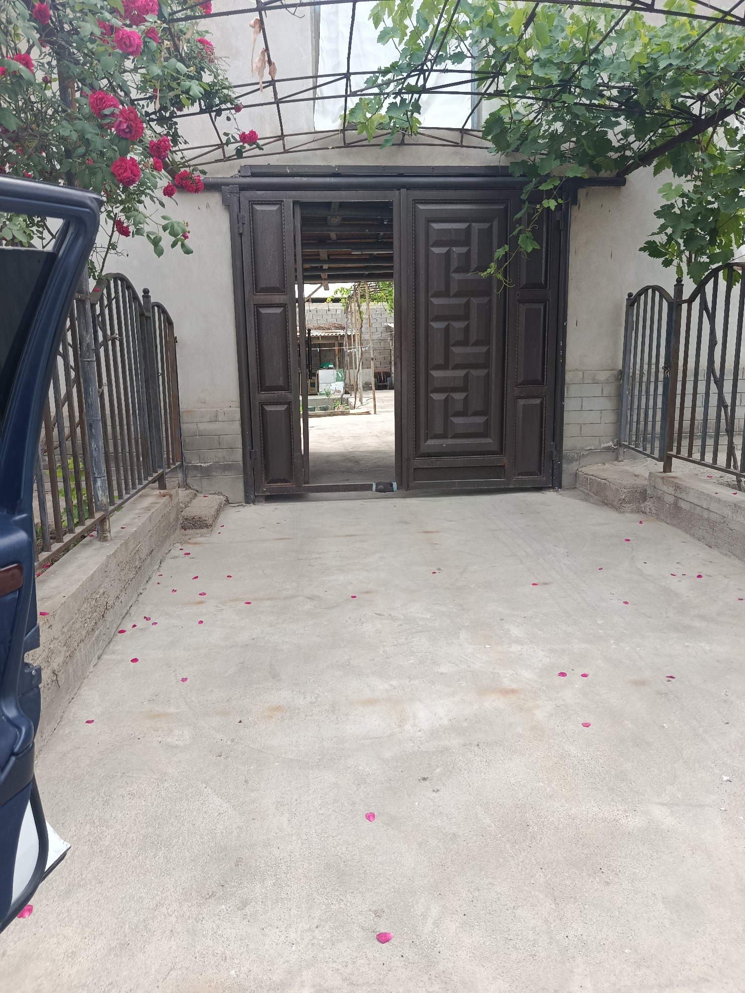 The image depicts an open gateway leading into what appears to be a courtyard or backyard. The gateway is framed by a brown metal gate. To the left and right of the gate are sections of black metal fencing atop low concrete walls. Red flowers grow along the left side of the fence, while green vines hang from a structure above the gate on the right. The ground is a concrete slab with scattered red petals. A portion of a dark-colored vehicle is visible on the left side of the image. The location is Unknown, Unknown.