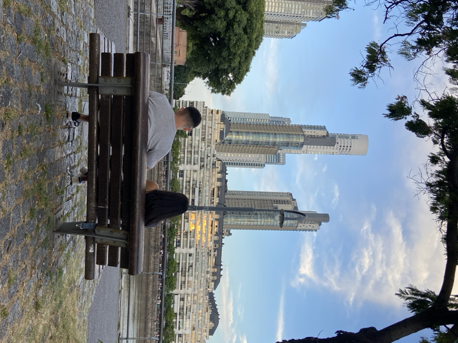 The image captures a serene urban scene, likely a waterside promenade, with two individuals seated on a wooden park bench. The perspective is from behind and slightly to the side of the subjects, looking out towards a modern cityscape.
The main subjects are a man and a woman. The man, with short, dark hair and a fade, wears a light grey t-shirt and is seated on the left side of the bench, facing away from the camera. The woman, with long dark hair, sits to his right, also facing away. They appear to be observing the view before them. Their feet, shod in sneakers, are visible on the paved ground.
The bench itself is made of dark wood slats with metal supports, firmly fixed to the ground, which is paved with small, dark stones or cobblestones. Beyond the paved area, a body of water, possibly a river or canal, stretches across the mid-ground.
In the background, a striking skyline of modern, tall buildings dominates. Many of these skyscrapers feature reflective glass facades, with some showing a warm, golden reflection from the sun, particularly on the lower structures. A street light or lamppost stands between the bench and the buildings. The sky above is a clear, light blue with scattered white clouds, suggesting pleasant weather. Large trees frame the scene; one is visible in the distance behind the buildings, and branches of another extend into the foreground on the right.
The time of day appears to be either late afternoon or early evening, indicated by the warm, directional light reflecting off the buildings. The overall atmosphere is tranquil and contemplative. Given the context, this scene is set in a modern urban area of Buenos Aires, Argentina, possibly along the Puerto Madero waterfront. No visible text is present in the image.