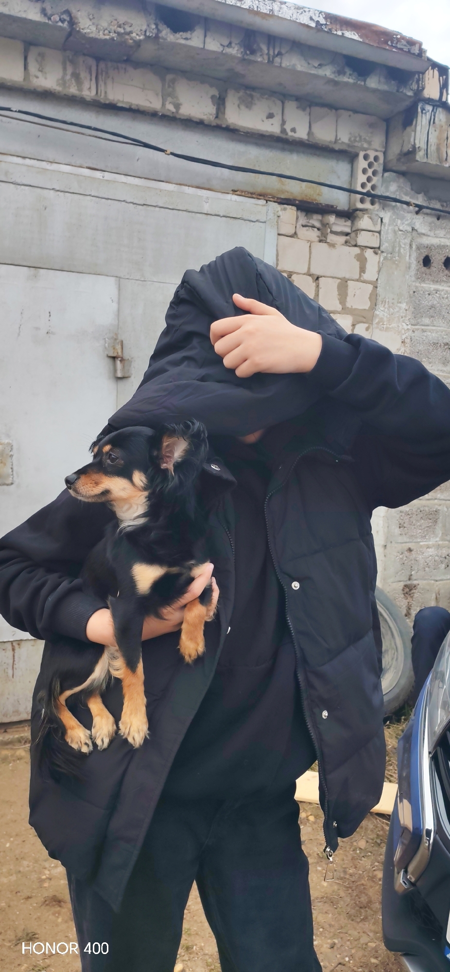 A person wearing a black hooded jacket is holding a small, black and tan dog. The person's face is obscured by the raised hood and their hand. The background includes a light grey building with visible brickwork and a closed metal door. The environment appears to be an outdoor area, possibly a courtyard or street, with a parked car visible on the right side of the frame. The image was taken by a device with the brand name "HONOR 400". The exact location cannot be confirmed as Noviy, Russia without additional metadata.