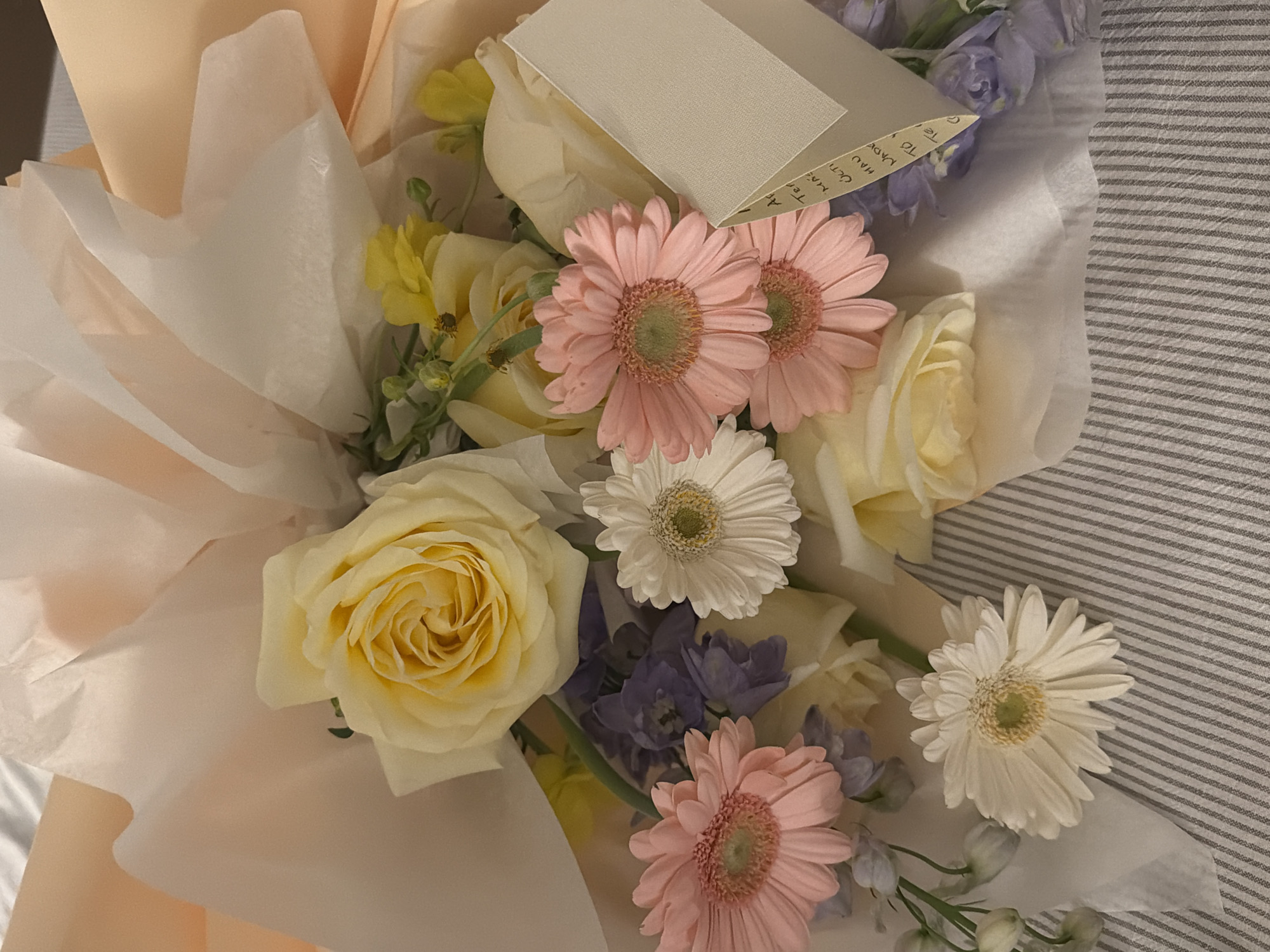 Here is a detailed description of the image:
A bouquet of flowers is displayed, featuring a combination of pink gerbera daisies, yellow roses, and sprigs of purple delphiniums. The flowers are wrapped in both white and peach-colored tissue paper, with a small card placed among the blooms. The flowers and wrapping are arranged against a striped background. No people or specific location is depicted.
