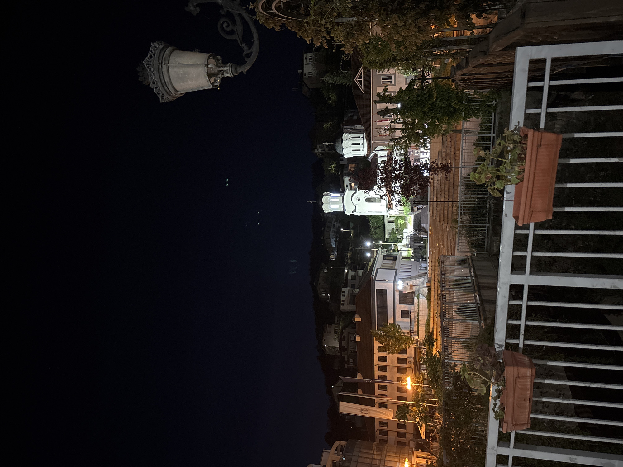 The image depicts a nighttime scene in Nedelino, Bulgaria. The viewpoint appears to be from an elevated position, possibly a balcony or high ground, looking down towards the city. A dark expanse, likely a river or body of water, fills the left side of the frame. An ornate street lamp is partially visible in the top left corner, silhouetted against the dark sky.
On the right side, a white metal fence with horizontal bars is prominent, with a brown planter box attached to it. Beyond the fence, the urban landscape of Nedelino is illuminated by streetlights and lights from buildings. A white church with a dome stands out amidst the buildings. Trees and other vegetation are interspersed throughout the cityscape. The scene is still and quiet.