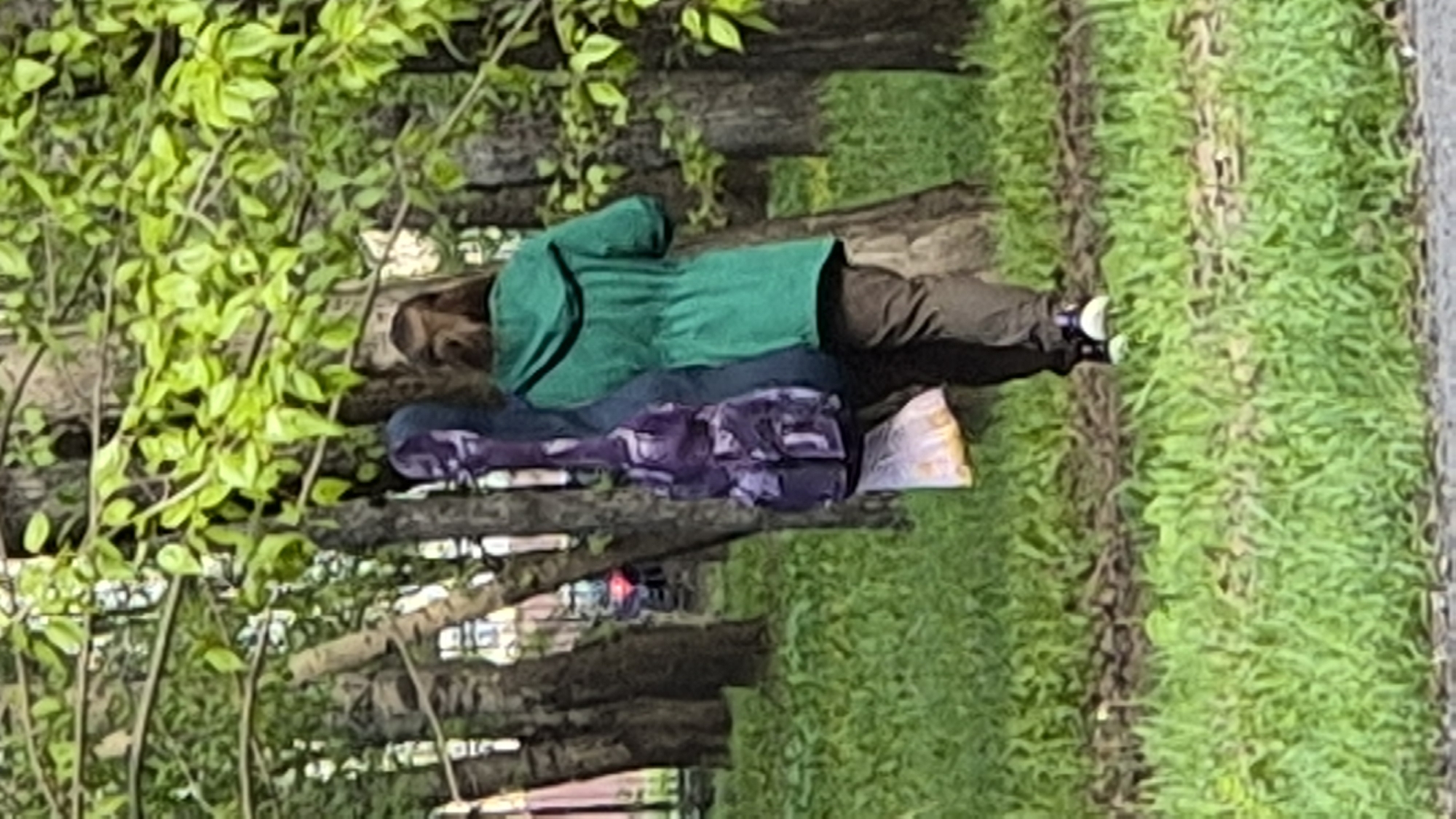 A person is lying on a bench in a park in Kemerovo, Russia. The person is wearing a green top and brown pants, and there is a patterned blanket or bag underneath them. The bench is surrounded by trees and green grass.