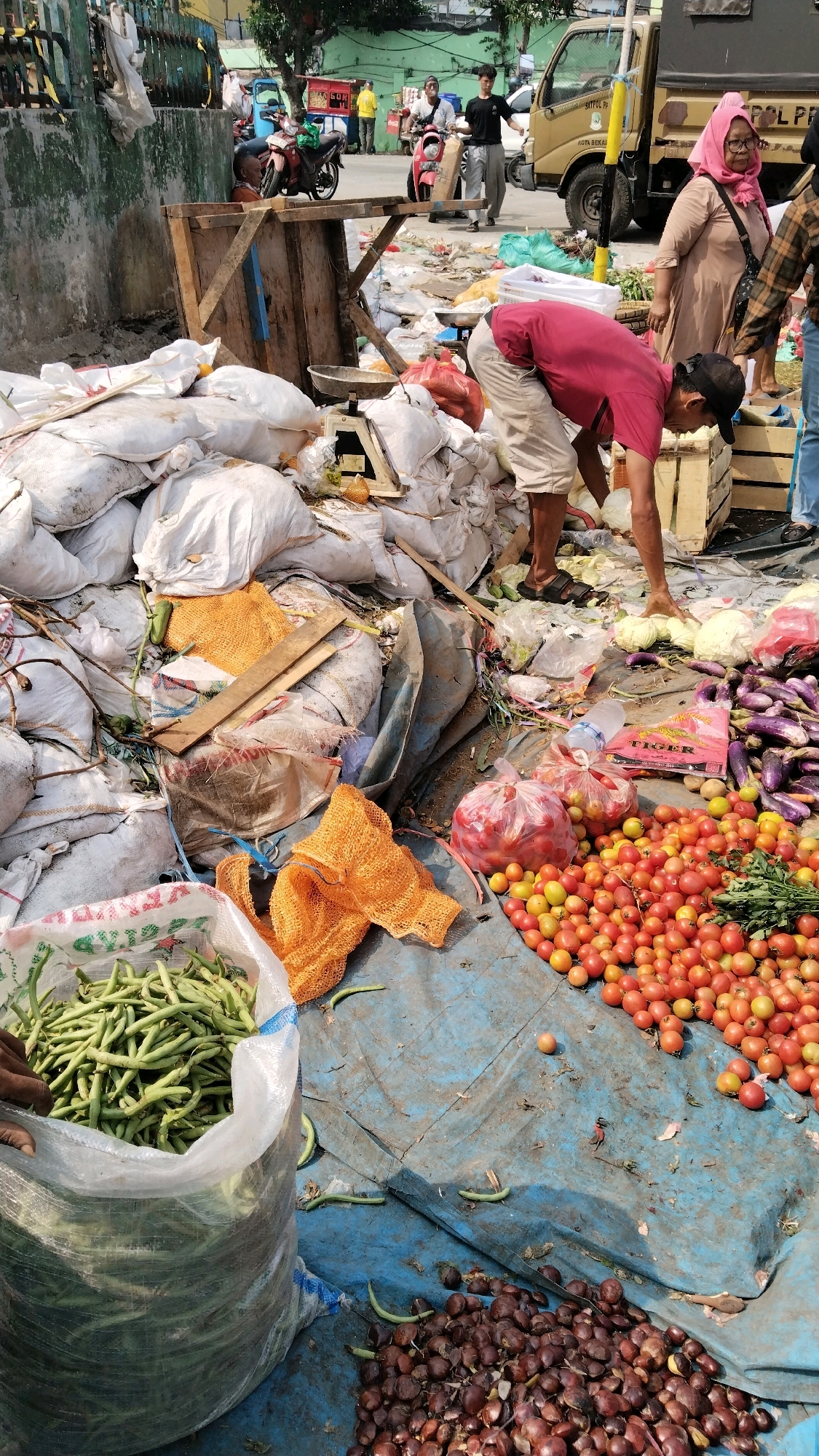 This is a high-angle, full-shot photograph of a bustling outdoor market scene in the city of Bekasi, Indonesia. The scene is dominated by piles of produce, sacks, and people engaged in market activities. In the foreground, a large, transparent plastic bag is filled with fresh green beans, with a person's hand visible on the left side, presumably reaching into the bag. To the right of the beans, a heap of brown, nut-like items are spread out on a blue tarp. Further right, a large pile of red and yellow tomatoes are arranged, with some green vegetables and eggplants scattered nearby. Two clear plastic bags filled with tomatoes are also visible.
In the mid-ground, a man wearing a red t-shirt and beige shorts is bending down, appearing to sort through some goods on a wooden crate. A woman in a pink headscarf and a light brown hijab stands to his right, looking in his direction. Behind them, a tan colored truck with markings that include "POL PP" and what appears to be the city of Bekasi's name are visible. Several sacks, mostly white, are piled high in the background, some appearing to be filled with rice or other dry goods. A wooden structure with planks forms a makeshift table. In the distance, various motorcycles and people are milling about, suggesting a busy marketplace. The ground is covered with a blue tarp and scattered debris, indicating an outdoor, possibly informal, market setting. The overall impression is one of a vibrant, albeit somewhat chaotic, local market.