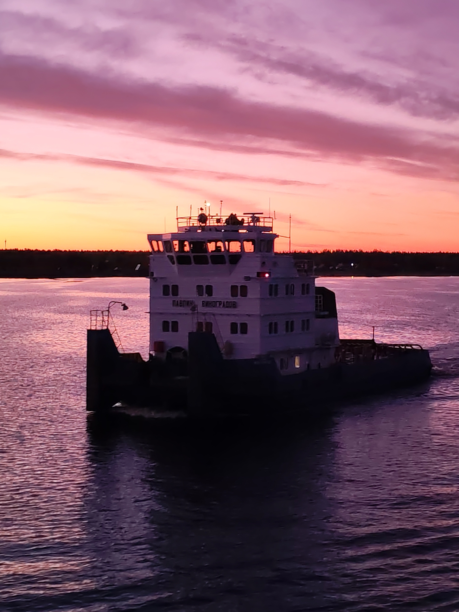 A river vessel is underway on a body of water at sunset. The sky is a mix of pinks, purples, and oranges. The water reflects the colors of the sky. The vessel has a white superstructure with windows. The name "ПАВЛИК ВИНОГРАДОВ" is visible on the side of the structure. The vessel is leaving a wake behind it. The opposite bank is a low, dark line of trees. Location: probably the city of Vichelovo, Russia.