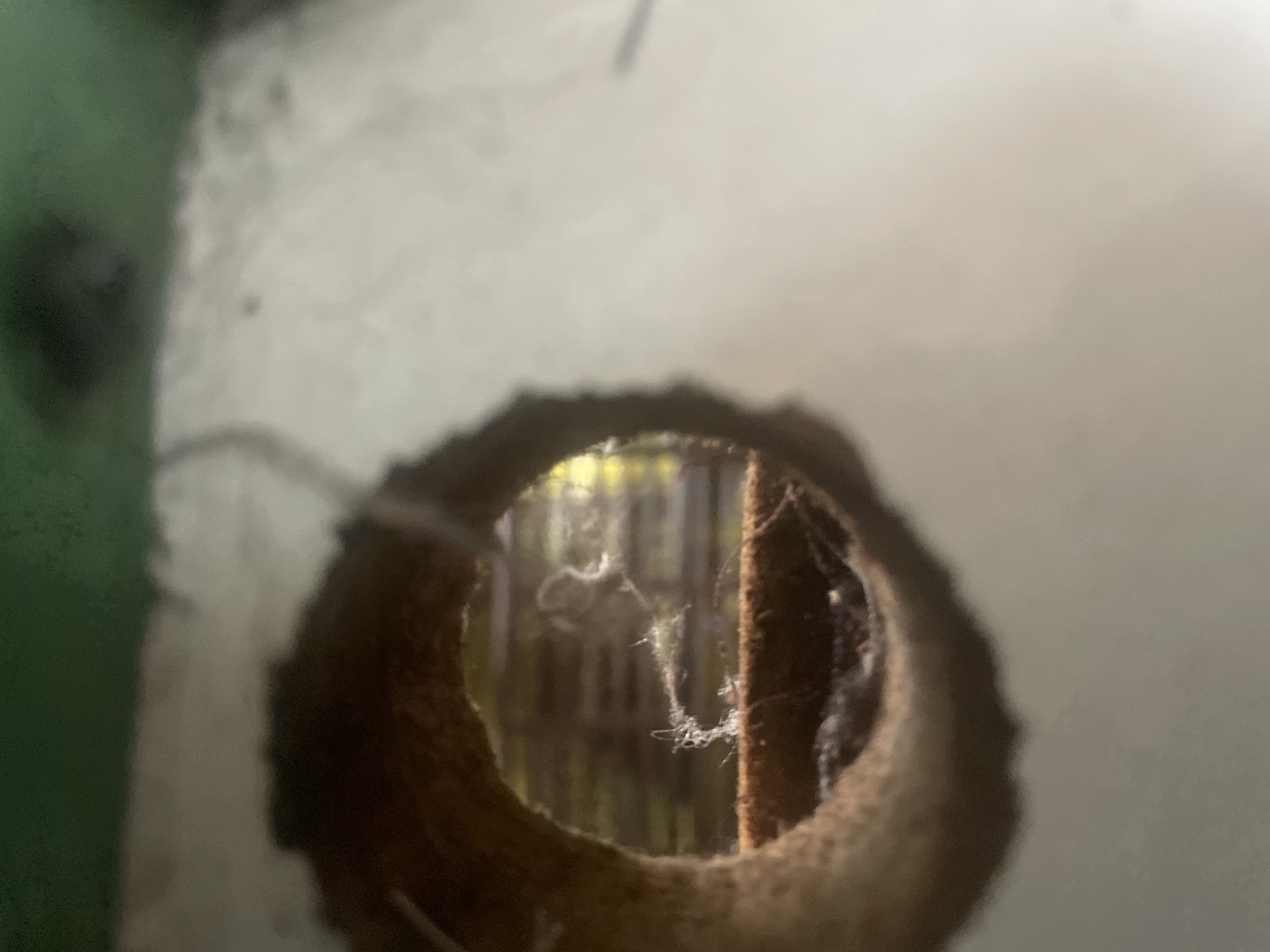 The image shows a close-up view of a circular opening in a textured, light-colored surface. Through this opening, a blurred background is visible, appearing to be a structure with horizontal bars and possibly some greenery behind it. Within the opening, there are cobwebs and debris. The surrounding surface is rough and appears to be part of a wall or enclosure. There is a green area at the top of the image, possibly indicating the sky or another object. The image does not provide information about the city of Jauro Yinu, Nigeria, or any specific context related to that location.