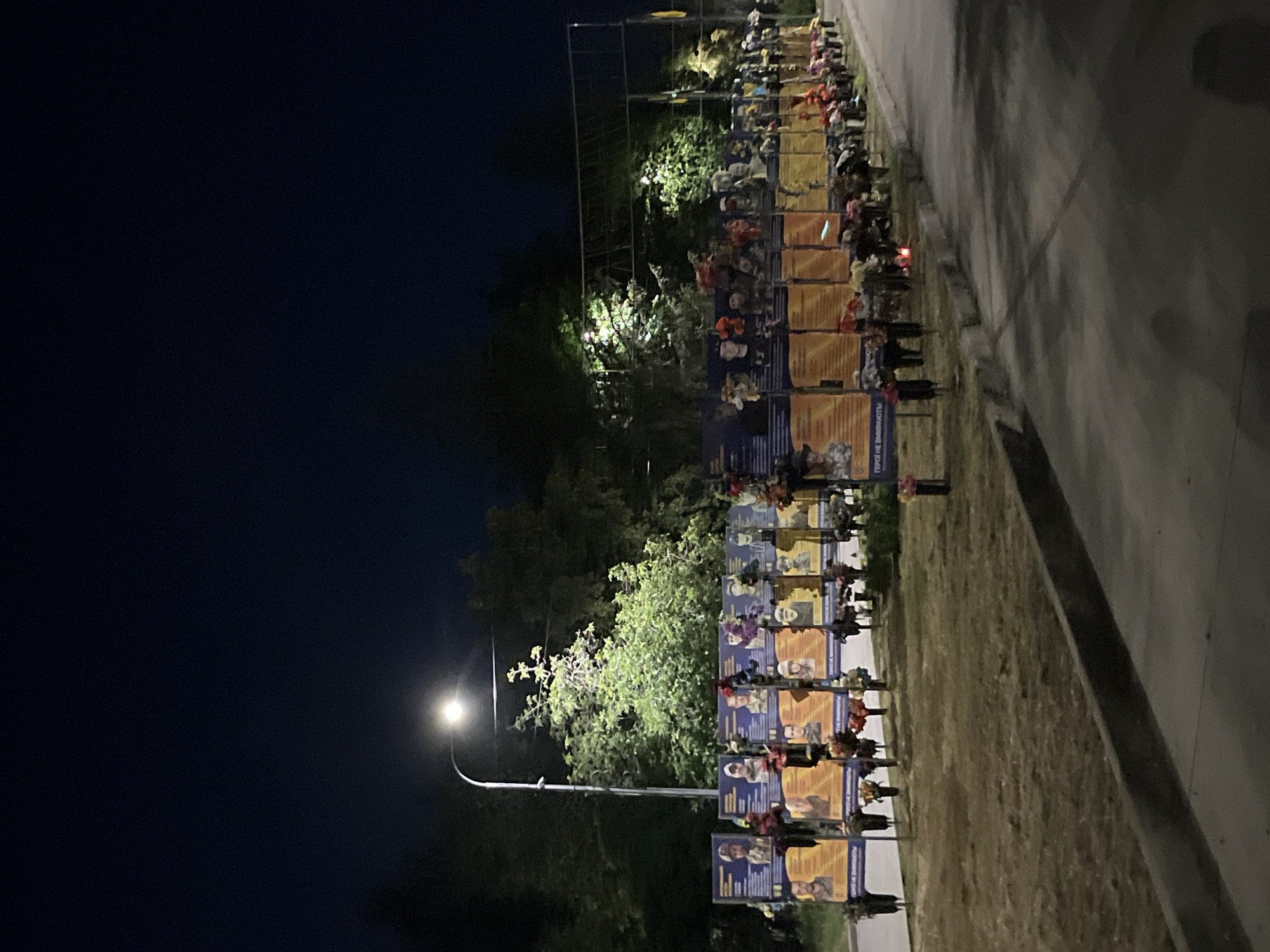 This is a nighttime photograph of an outdoor memorial in Kryvyi Rih, Ukraine. The memorial features a long, horizontal display of portraits of individuals, likely fallen soldiers or victims, mounted on large, yellow rectangular boards. These boards are arranged in rows and appear to be supported by dark poles. Each portrait is accompanied by text in Ukrainian, with the phrase "ГЕРОЇ НЕ ВМИРАЮТЬ" (Heroes do not die) visible on some of the boards. Artificial flowers, in various colors including red, pink, and yellow, are placed in front of each portrait, creating a dense floral display. Some of these flowers are in dark vases or containers. A single red candle or light source is visible burning on the ground in the foreground.
The memorial is situated on a grassy area next to a paved road or walkway. In the background, trees are visible, and a street lamp illuminates the scene with a bright, white light, casting shadows and highlighting the foliage. The sky is dark, indicating it is nighttime. The overall impression is one of solemn remembrance and tribute.