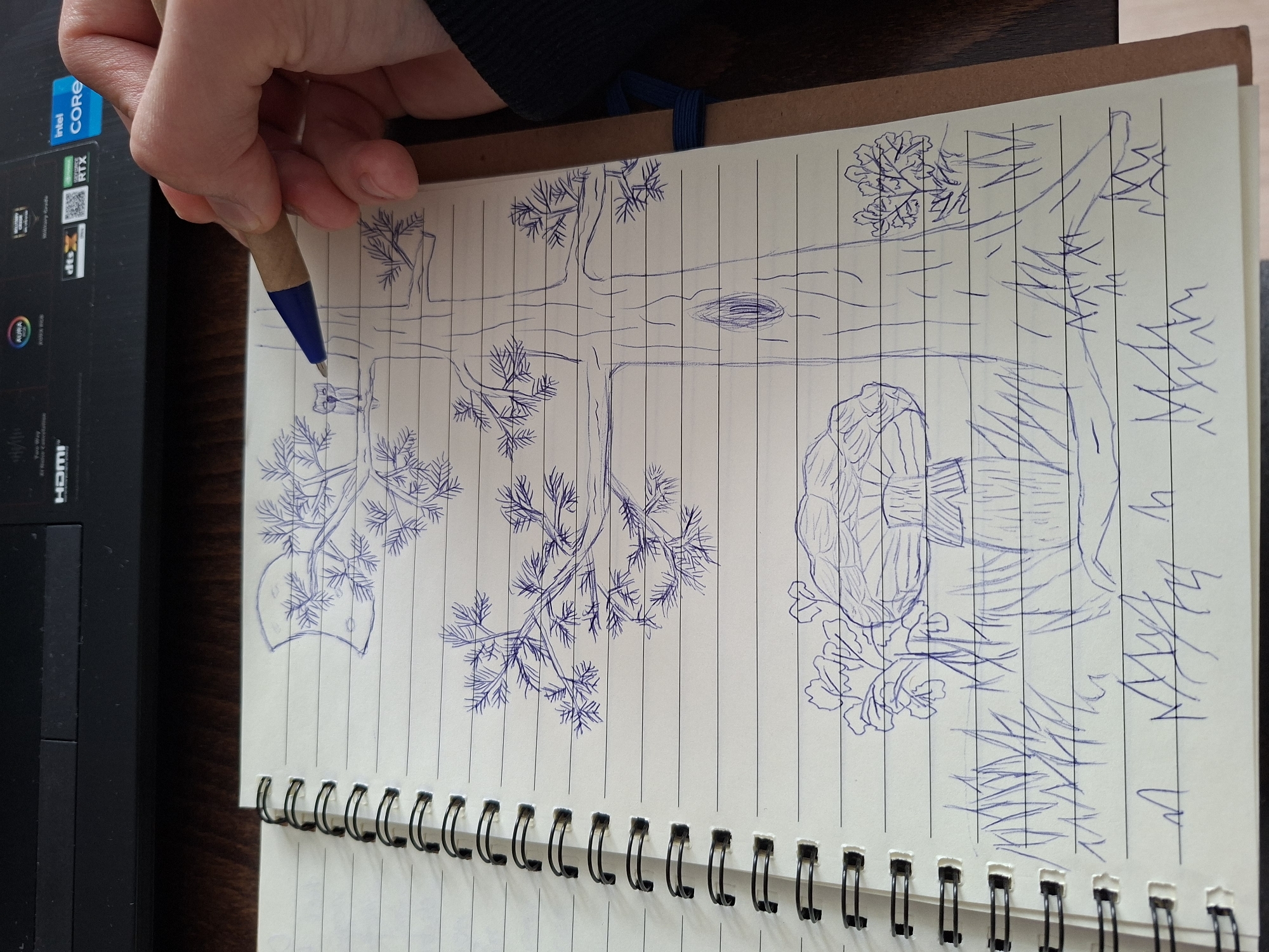A hand holds a blue pen over a spiral-bound notebook. The notebook contains a pen drawing of a natural scene, including a tree trunk laid horizontally across the page, foliage, and vegetation. A laptop sits to the left of the notebook. The image does not contain enough information to identify a specific location in Plovdiv, Bulgaria.