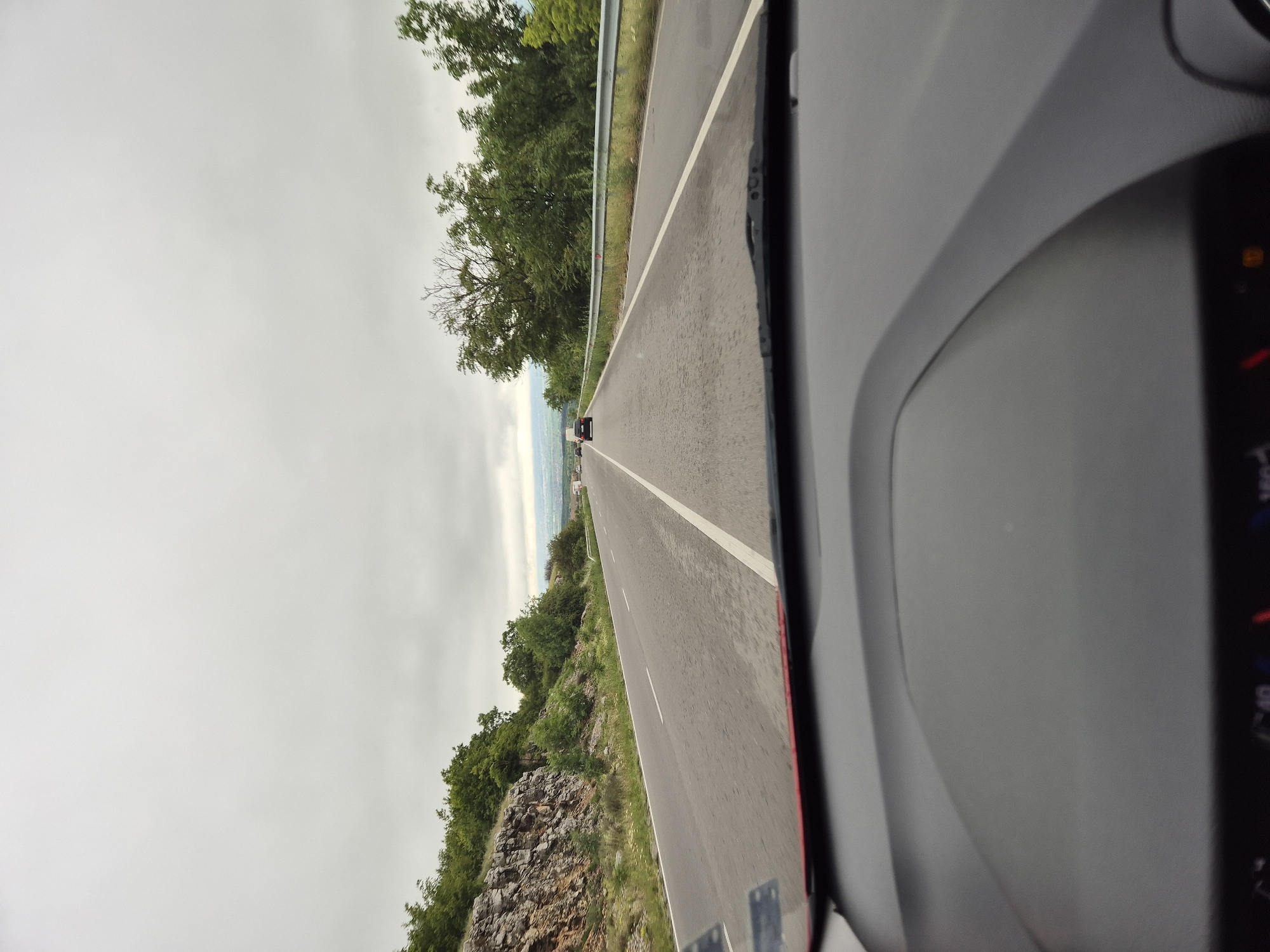 The image captures a view from inside a vehicle driving on a two-lane asphalt road. The road curves slightly to the right and stretches into the distance under a cloudy, overcast sky. On the left side of the road, a rocky hillside covered with lush green trees and vegetation rises sharply. On the right side, a metal guardrail runs parallel to the road, separating it from more trees and a gentle slope. A few vehicles are visible ahead on the road, appearing as dark shapes in the distance. The foreground shows the dashboard of the vehicle, with a portion of the windshield and a glimpse of the instrument cluster. The location is identified as being in the vicinity of Bogyovtsi, Bulgaria, suggesting a rural or mountainous setting.