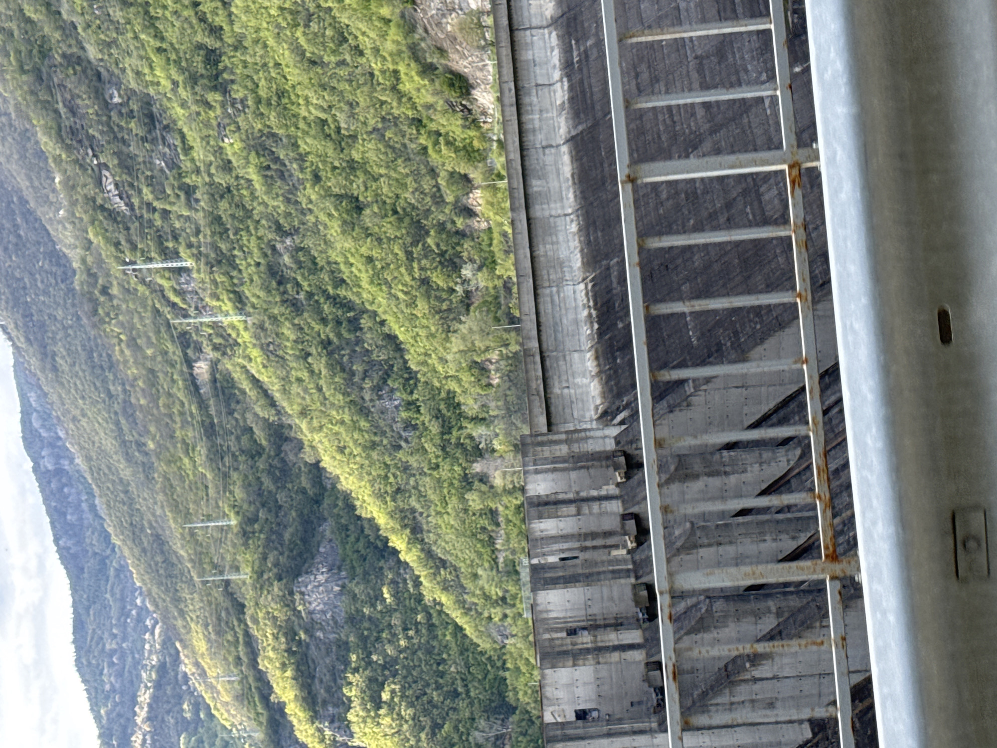 The image shows a view of the Vazov Dol Dam, also known as Mihalkovo Dam, in Mihalkovo, Bulgaria. The dam wall is visible in the center, with a metal ladder attached to it. To the left of the dam wall is a steep hillside covered in dense green vegetation. A series of utility poles are visible along the hillside. In the immediate foreground is a metal structure, possibly part of the dam's infrastructure or a viewing platform.