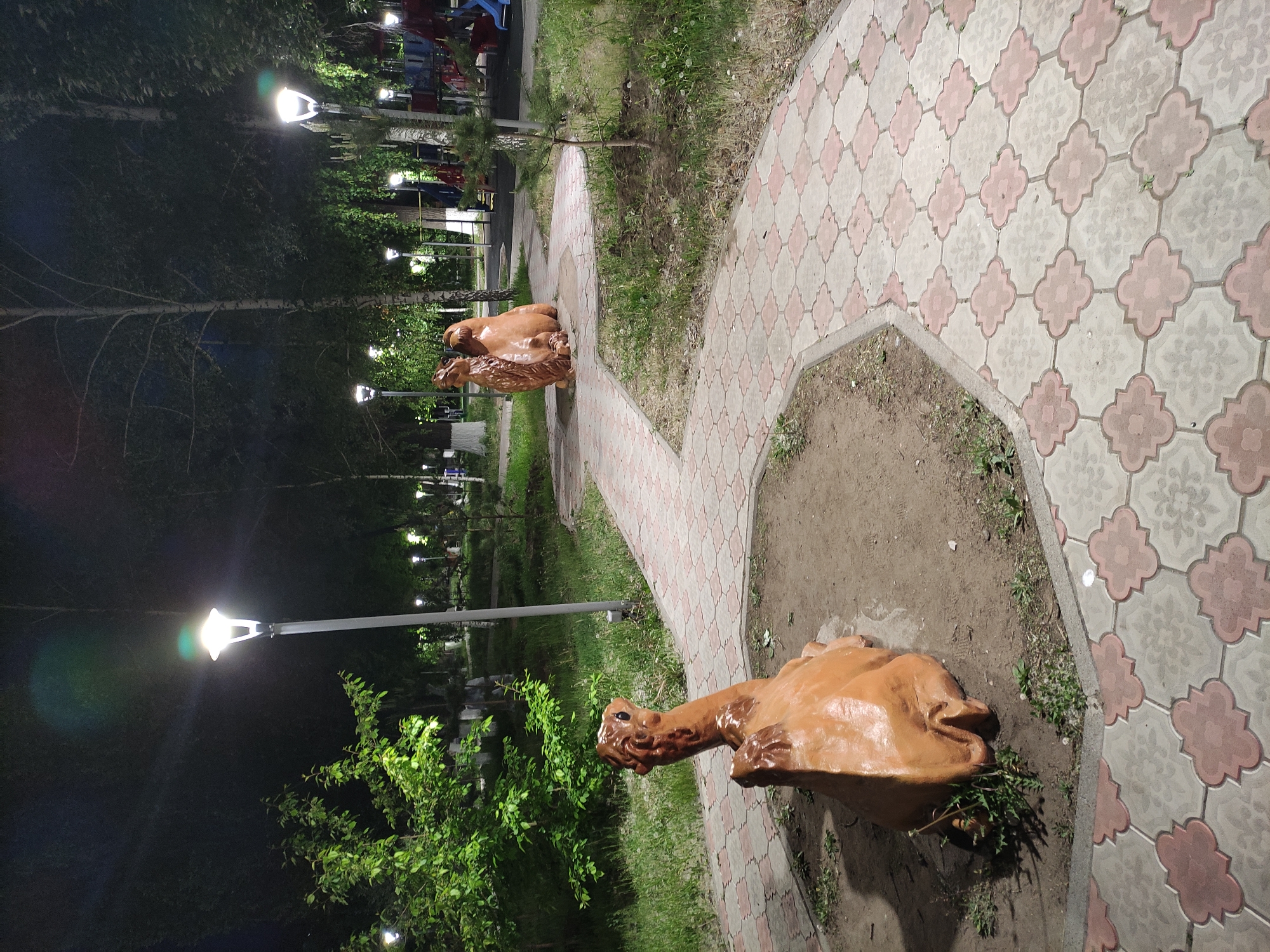 This is an outdoor scene at night in what appears to be a park in Pavlodar, Kazakhstan. A patterned paved path, in shades of gray and light red, winds through the scene. Alongside the path are areas of bare soil and patches of green grass. There are two brown, sculpted animal figures, possibly camels, situated near the path. Street lamps provide illumination, casting light on the figures and foliage. Trees and other park greenery can be seen in the background. In the distance there is what appears to be a playground or recreational area.