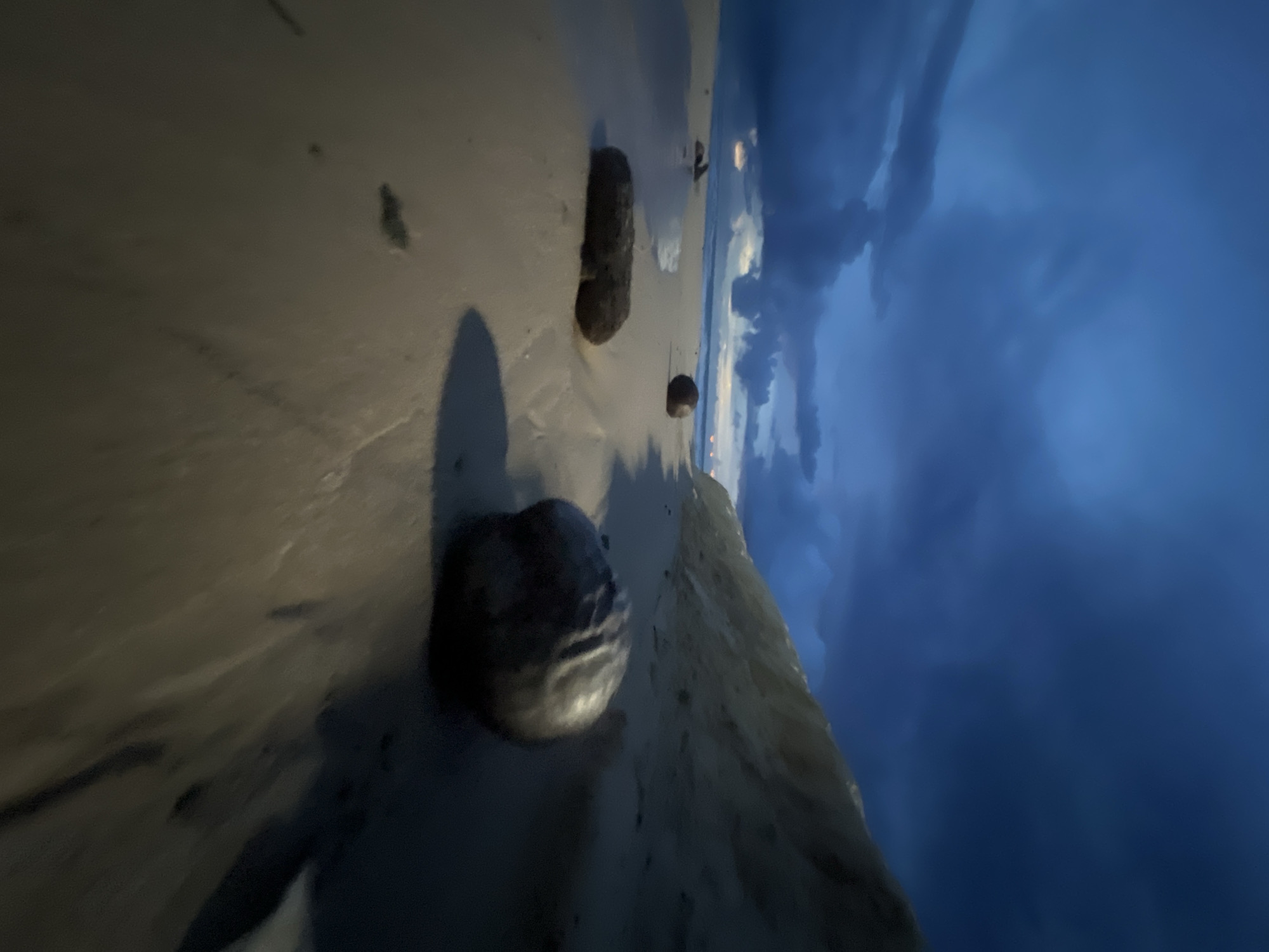 The image depicts a beach scene at dusk, with the sky filled with dramatic, dark blue clouds. The sand is light brown and appears wet, reflecting the dim light. Several rounded rocks are scattered on the sand, with one prominent, dark, and textured rock in the foreground. Another elongated, dark rock is positioned further back on the beach. The ocean is visible in the background, a dark expanse under the stormy sky. The overall mood is somber and atmospheric, suggesting impending rain or the end of a storm. The time of day is clearly evening due to the low light and dark clouds. The location, identified as Choeng Thale, Thailand, suggests a tropical coastal environment. There is no visible text or any discernible human activity.