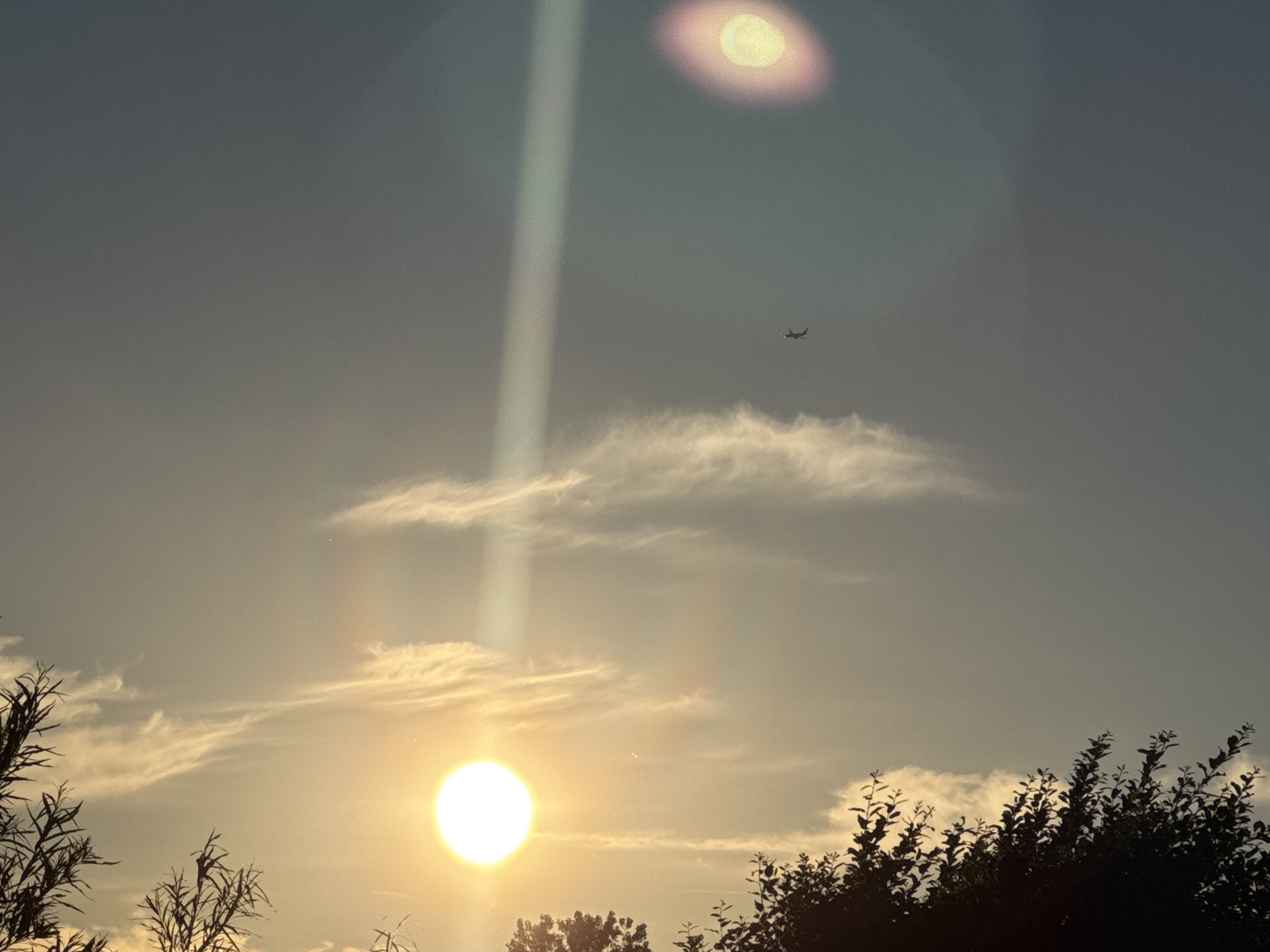 An aerial view of the sky above Vejle, Denmark. The sun is low in the sky, casting a warm glow on the clouds. A plane is visible in the distance. The foreground is dominated by silhouetted trees.