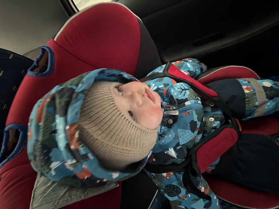 An infant is observed seated in a red and black child safety seat within the interior of a vehicle in Chaikovsky, Russia. The infant is dressed in a beige knitted balaclava-style hat and a blue hooded winter suit patterned with trees, mushrooms, and foxes. The suit features a central zipper and dark blue lower sections, including reflective strips on the legs. The child's face exhibits red patches on both cheeks and below the chin, with eyes directed towards the right side of the frame. The infant is secured in the car seat by a multi-point harness system with red shoulder pads. The vehicle's interior includes additional dark upholstery and a red seatback with blue trim visible behind the child's head. An exterior view through a vehicle window is dimly visible on the right. No discernible active interaction or movement by the infant is captured.