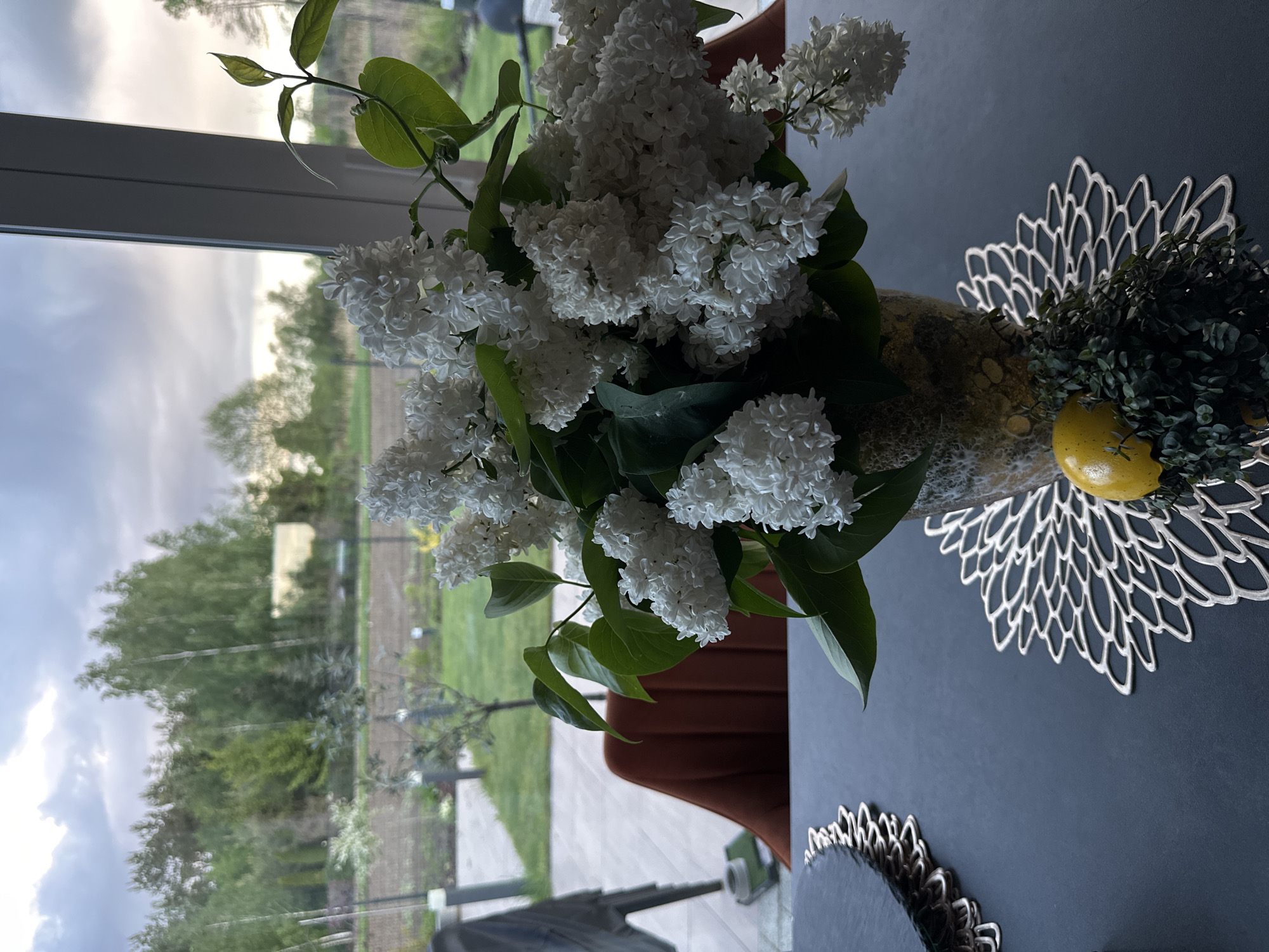 The image shows a vase of white lilacs on a dark gray table. The vase is gold and sits on a silver floral placemat along with a yellow lemon and green sprigs. A window is visible in the background. The image appears to be taken indoors, likely in a residential setting. Outside the window, there is a view of greenery, trees, and an overcast sky. A chair is partially visible behind the vase.