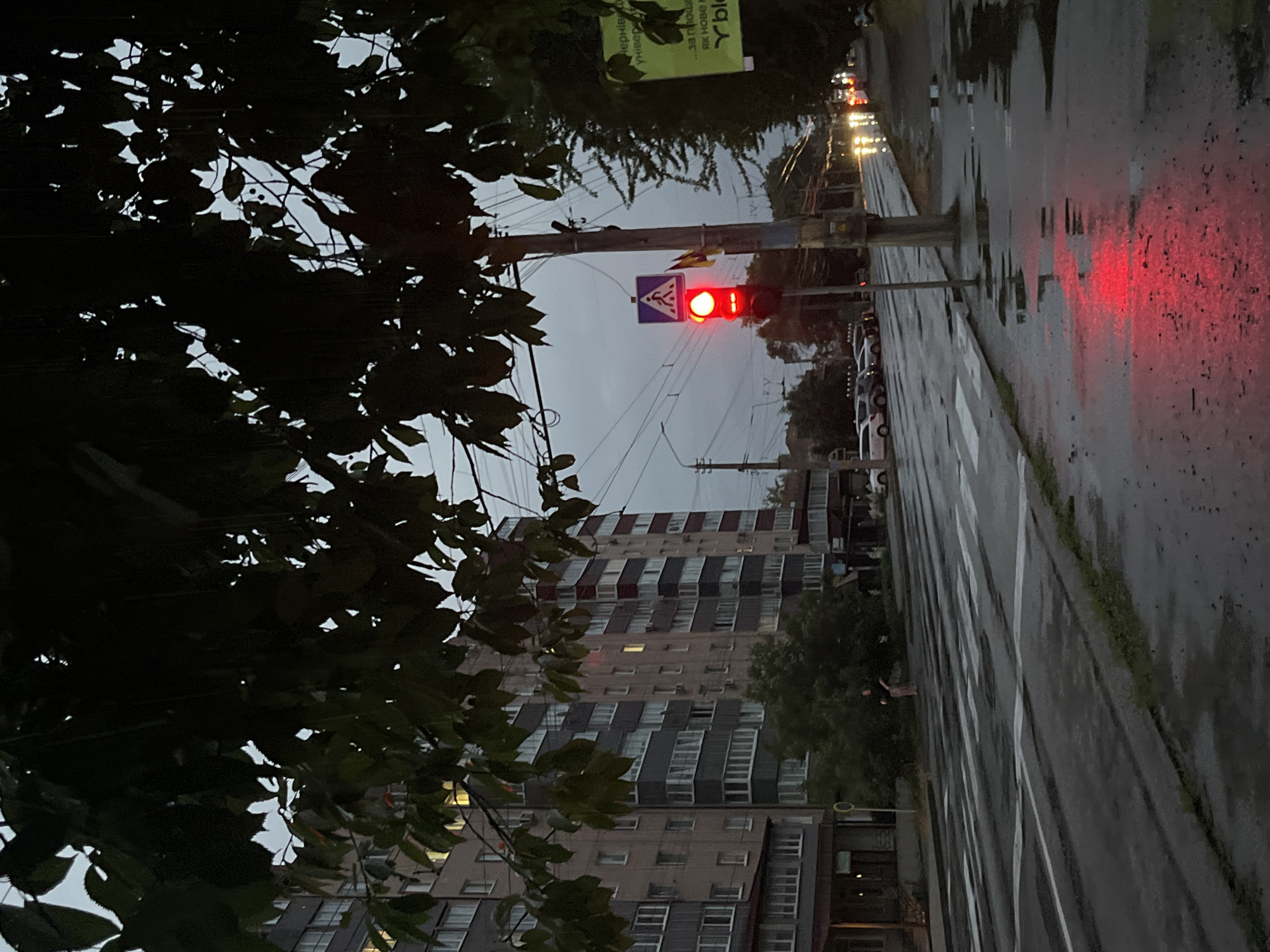 This image depicts a street scene in Chernivtsi, Ukraine, under overcast, possibly rainy conditions, with the lighting suggesting dusk or an early morning. In the foreground, a wet asphalt sidewalk reflects the red light of a traffic signal. The road features a pedestrian crossing, also wet and showing reflections. A traffic light is visible on a pole, displaying a red light and a pedestrian crossing symbol. A multi-story apartment building with numerous windows, some illuminated, stands on the left side of the street. Trees with dark green foliage overhang parts of the scene. Further down the street, vehicles are present, their headlights illuminated, and some buildings line the road. A person is partially visible in the mid-ground, standing on the pedestrian crossing area.
