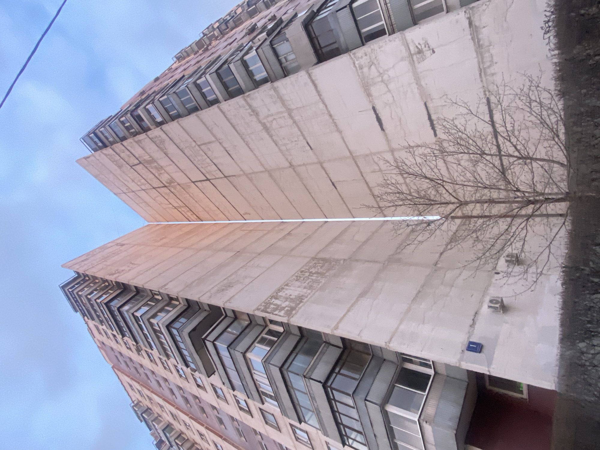 The image presents a low-angle perspective of two tall, adjacent multi-story residential buildings in an urban area of Moscow, Russia. The buildings, constructed from pre-fabricated concrete panels, are positioned closely, creating a deep, narrow vertical gap between their main structures. The exterior facades exhibit weathering, discoloration, and visible horizontal and vertical panel seams. The left building features light-colored walls with darker horizontal bands and numerous projecting, enclosed balconies (loggias) with dark frames. The interior-facing concrete walls of the central gap are plain, showing pronounced panel seams and streaks of wear. A blue rectangular sign bearing the white number "1" is affixed to the lower section of the right building's interior wall. Two white exterior air conditioning condenser units are mounted below and to the right of this sign. A leafless deciduous tree with fine branches stands centrally in front of the vertical gap, partially obscuring the lower building sections. A dark, dense hedge forms a horizontal band across the bottom of the frame. The sky above is overcast, appearing pale blue with scattered clouds. A thin, dark overhead wire traverses the upper right quadrant of the image. No individuals are visible in the scene.
