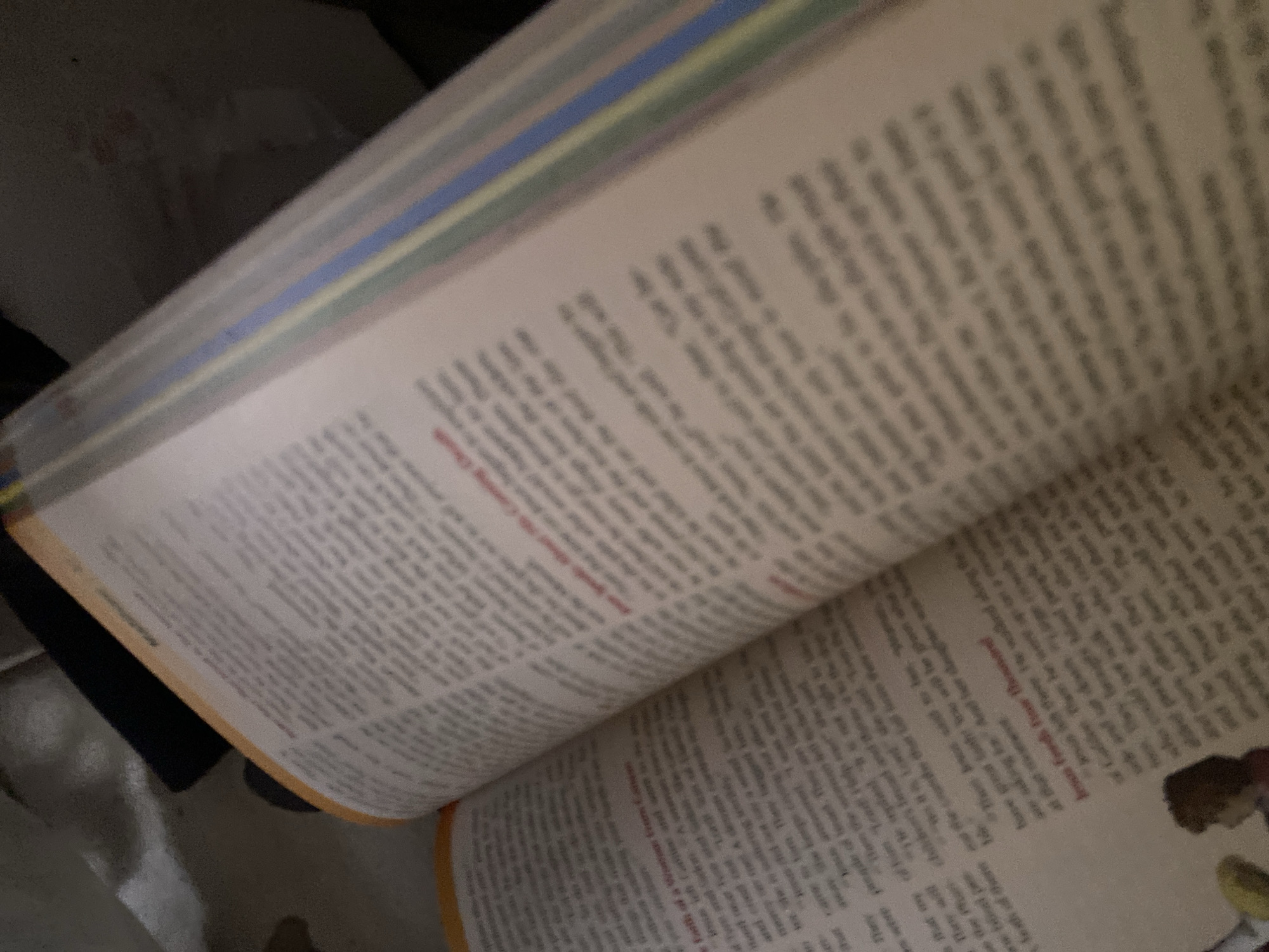 The image shows an open book, with text and some illustrations visible. The book appears to be a religious text, likely the Bible, given the titles like "Jesus Feeds Five Thousand." The book is lying on a dark surface, possibly a bed or a cloth. The lighting is dim, and the focus is on the open pages. The left page has text and an illustration of a person, possibly depicting a scene from the Bible. The right page is filled with text and has colored vertical stripes on its edge, indicating it might be a section divider or a tabbed index. The overall impression is of a close-up shot of an open book in a dimly lit environment. There is no information or visual evidence within the image to suggest the location in the city of Jauro Yinu, Nigeria.