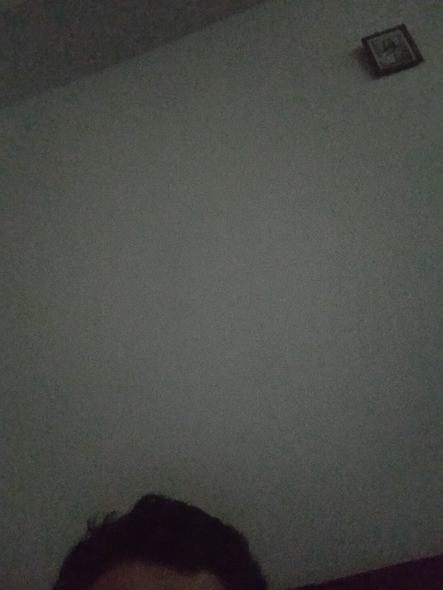 A dimly lit indoor scene shows a section of a light gray wall with a framed picture hanging near the top right corner. Part of a person's hair is visible in the bottom of the frame. The scene appears to be in poor lighting conditions. There is no information to suggest the location is in Yerevan, Armenia.