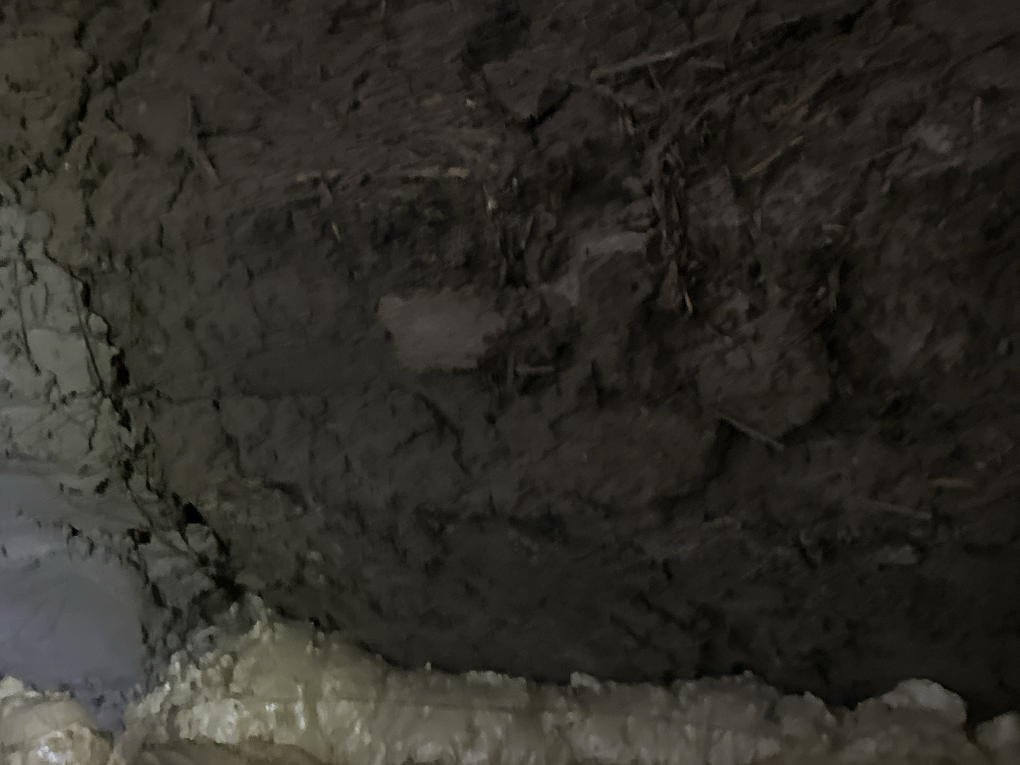 The image is a close-up, poorly lit view of a dark, muddy wall or embankment. The surface is uneven and textured, with visible debris or roots embedded in the soil. On the left side of the image, a lighter colored, rough, and possibly wet or mineralized surface is visible, creating a stark contrast with the darker, muddy area. The scene appears to be outdoors, possibly a section of a natural formation or an excavated area. There is no indication of the city of Luhansk, Ukraine, or any specific location within it. The image lacks any human presence, actions, interactions, or discernible objects beyond the natural and geological features.