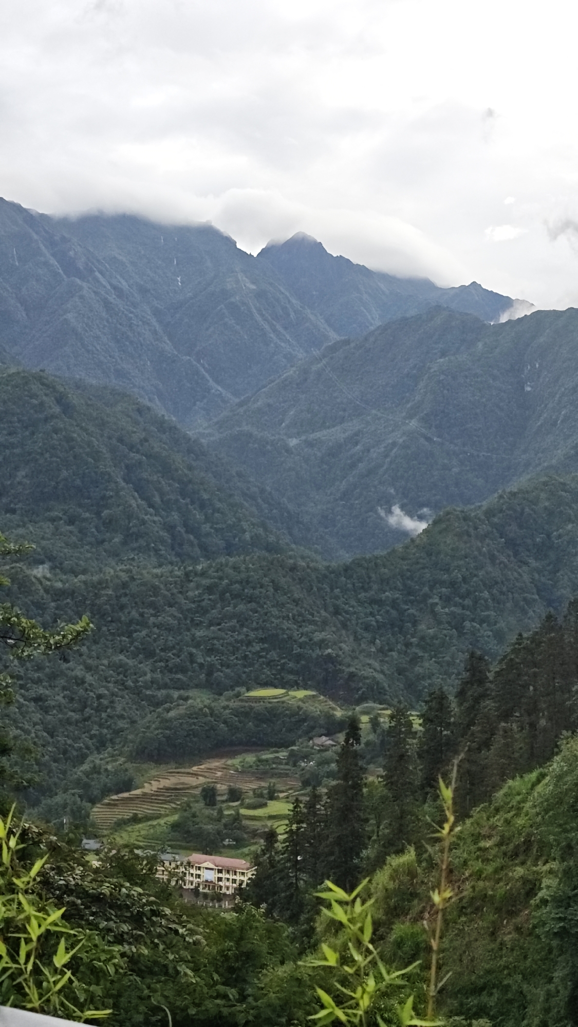 The image depicts a mountainous landscape in Cat Cat Village, Vietnam. The scene is dominated by a series of green, forested mountains rising into a cloudy sky. The peaks of the mountains in the distance are partially obscured by low-hanging clouds. In the foreground, terraced rice paddies and a building are visible amongst the foliage. The vegetation is dense and lush, with bamboo plants present in the lower right corner.