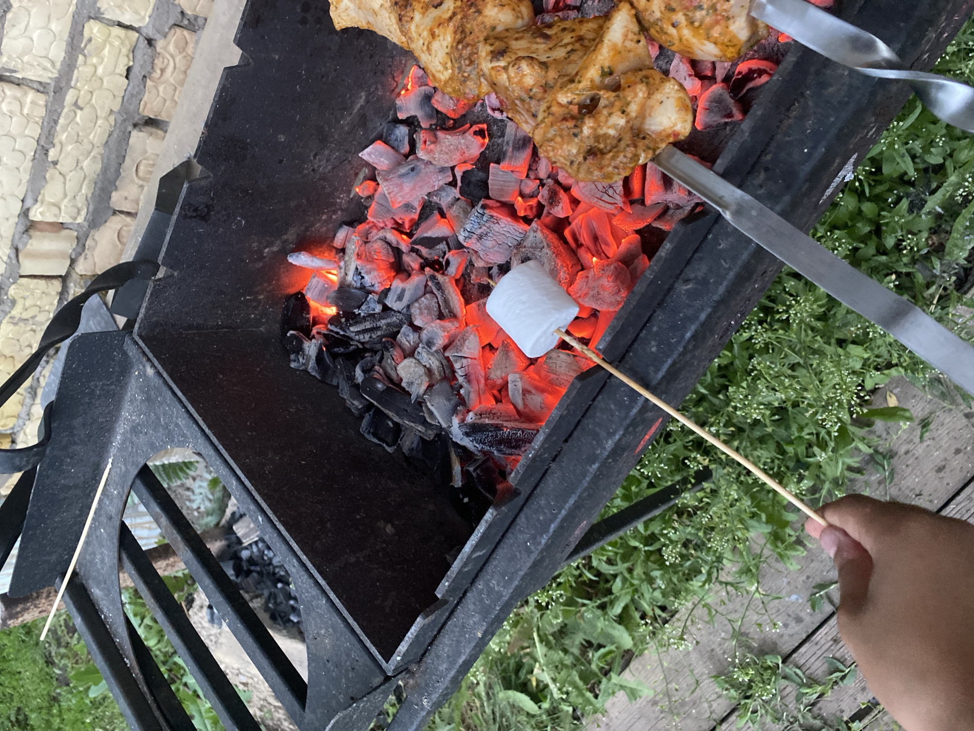 A hand is holding a wooden skewer with a marshmallow positioned over glowing red coals in a black metal grill. To the right of the marshmallow, pieces of seasoned chicken are skewered on a metal rod, positioned above the coals. The grill is outdoors, with green foliage and a wooden deck visible in the background. A textured brick wall is also present in the background. The scene appears to be a casual outdoor cooking event.