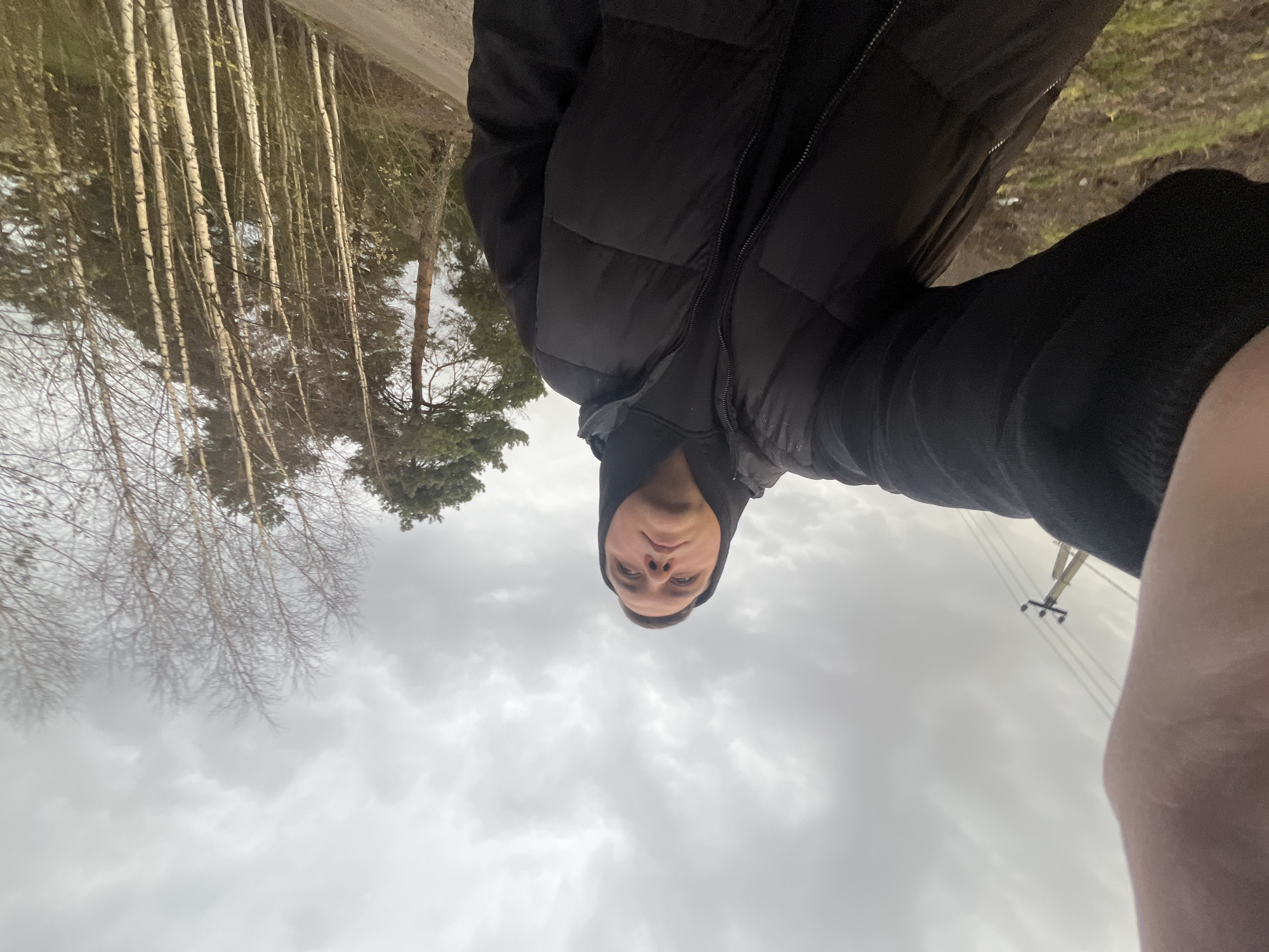 This image is a vertically oriented self-portrait, rotated 90 degrees counter-clockwise, showing a person in an outdoor setting. The main subject is an individual, visible from the chest up, wearing a black puffer jacket and a black hooded sweatshirt with the hood up. Their face is visible, looking directly at the camera with a neutral expression. Part of their arm or shoulder is visible on the right edge of the frame, indicating a selfie taken from a low angle, pointing upwards.
The background on the left side of the frame features a dense stand of slender, light-barked trees, resembling birches, some with bare branches and others showing signs of early foliage or evergreen growth. Darker green trees, likely conifers, are visible behind them. A dirt path or road runs alongside the treeline. On the right side, a utility pole with multiple power lines can be seen against the sky.
The activity captured is a self-portrait. The scene takes place during daytime under an overcast and grey sky, providing soft, diffused lighting. The trees suggest a temperate climate, possibly late autumn or early spring. The location context is Razdolye, Russia. There is no visible text in the image.