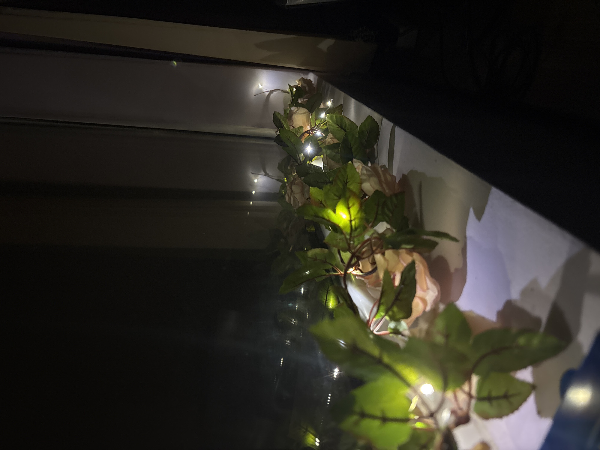 In a dimly lit interior, a garland of artificial roses and green leaves is draped along a window ledge. Small, warm white LED lights are interspersed throughout the garland, illuminating the flowers and foliage. The window reflects dark shapes and blurred lights from the outside, suggesting it is nighttime. The scene is forensic, matter-of-fact, and lacks any specific details about location or people.