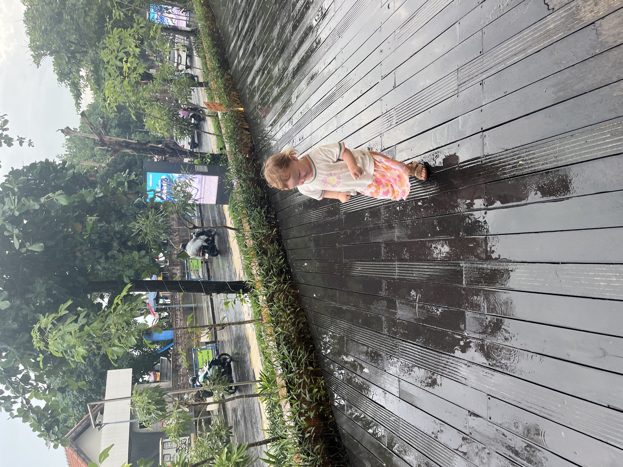 In Kuta, Indonesia, a young child with blonde hair, wearing a white t-shirt with a floral design and a pink and orange patterned skirt, walks on a wet, dark wooden deck. The deck is lined with a row of green plants. In the background, there is a street with a few vehicles, including motorcycles and cars, on a wet road. Trees and buildings are also visible, and it appears to be raining. The overall atmosphere is overcast.