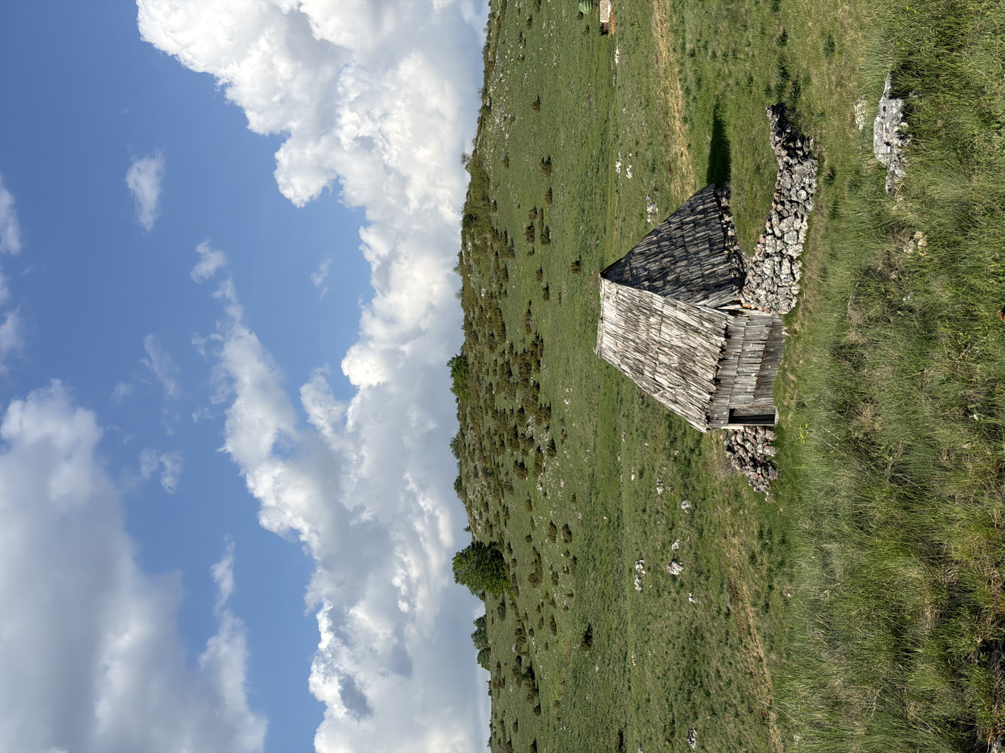 A weathered, wooden-roofed structure stands on a grassy hillside under a bright blue sky with scattered white clouds. The structure, possibly a shelter or small building, appears aged and worn, with visible damage to the roof. It is nestled into a landscape of green vegetation, possibly grass or low-lying plants, interspersed with sporadic rocks and low bushes or trees. A small pile of rocks sits adjacent to the building. The location is in a rural, possibly mountainous area. It is situated in Nedajno, Montenegro.
