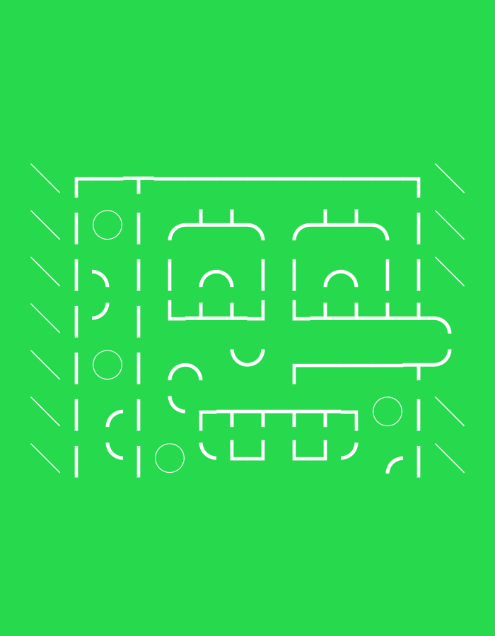 The image shows a green background with a white geometric face made of lines, circles, and curves. It is not possible to determine the location in Tel-Aviv, Israel, based on the image.